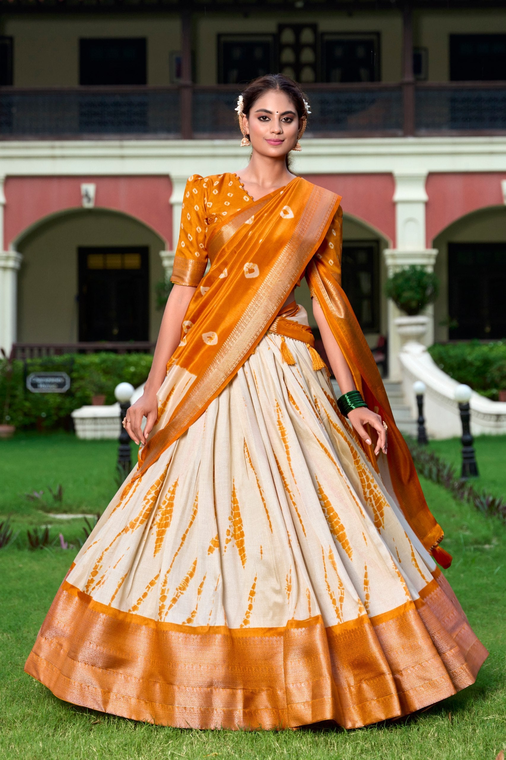 Magnificent Dola Silk Shibori Printed Zari Weaving Border Worked Lehenga Set - Ethnicwish
