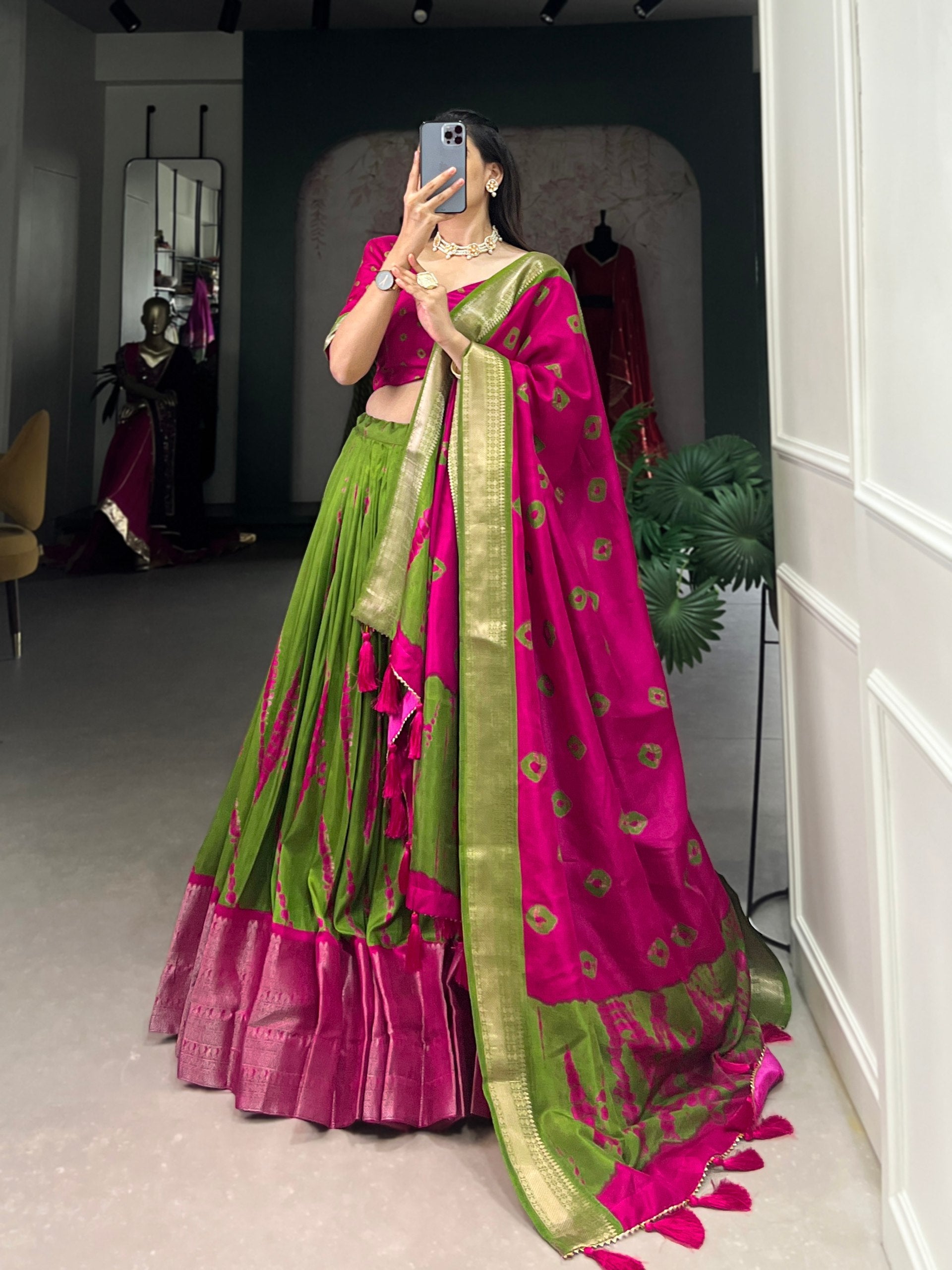 Magnificent Dola Silk Shibori Printed Zari Weaving Border Worked Lehenga Set - Ethnicwish