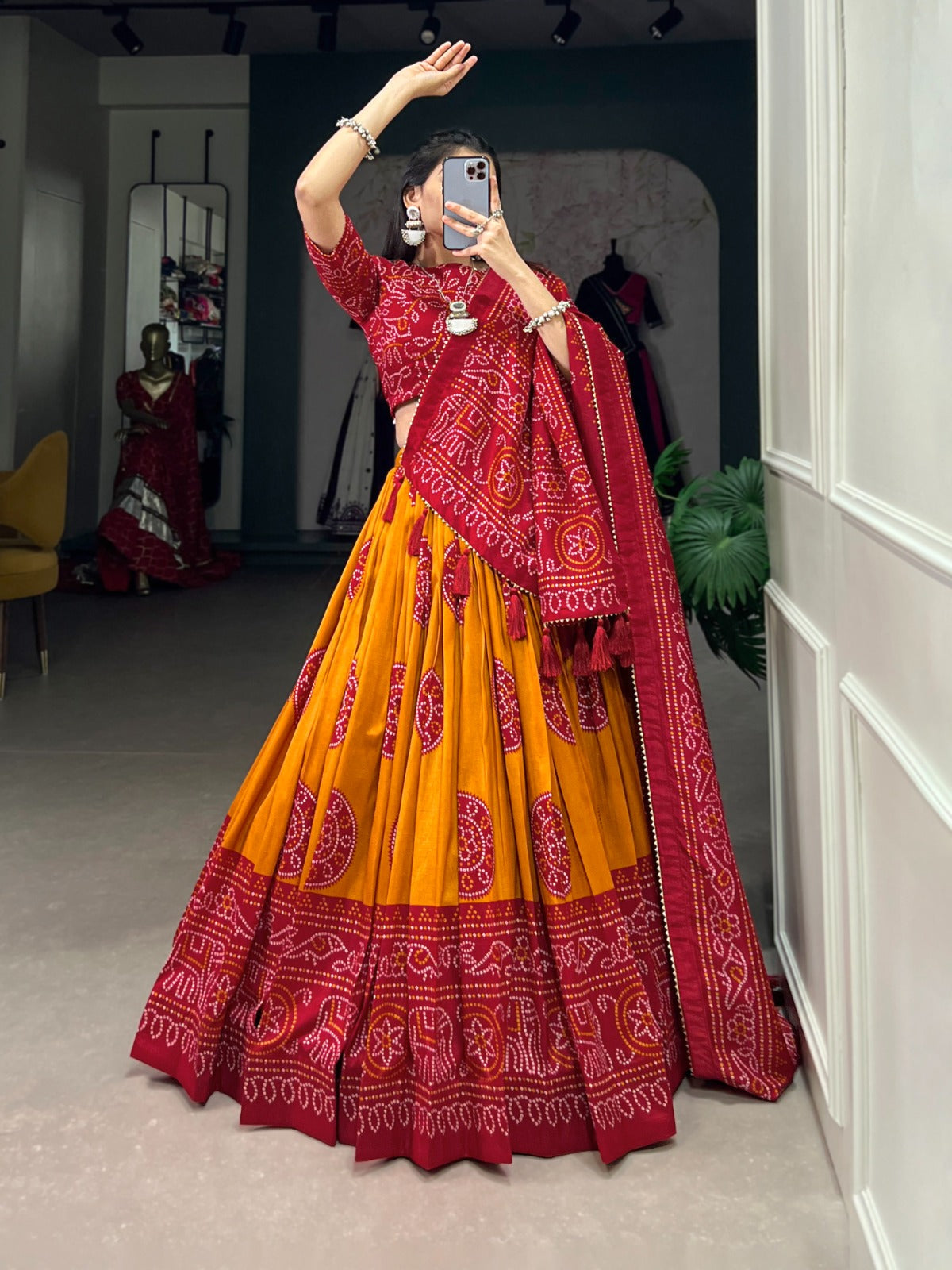 Adorable Tussar Silk Bandhej Printed Lehenga Choli Set - Ethnicwish