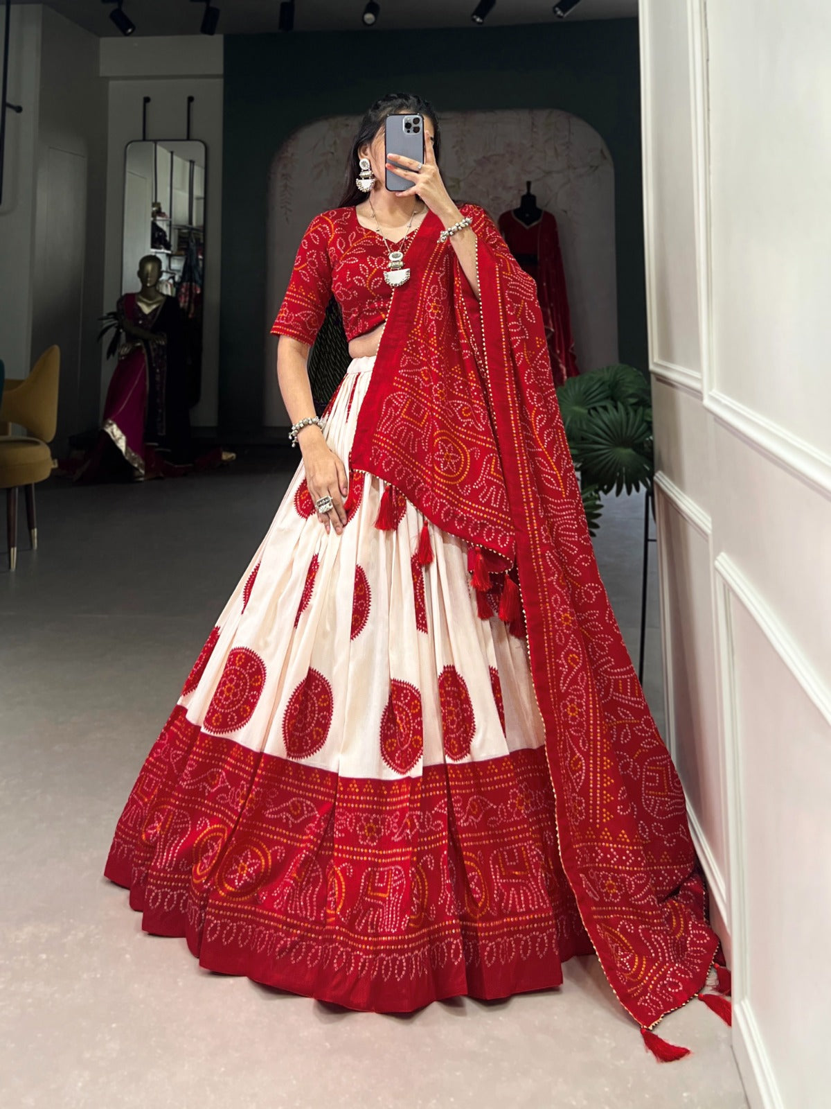Adorable Tussar Silk Bandhej Printed Lehenga Choli Set - Ethnicwish