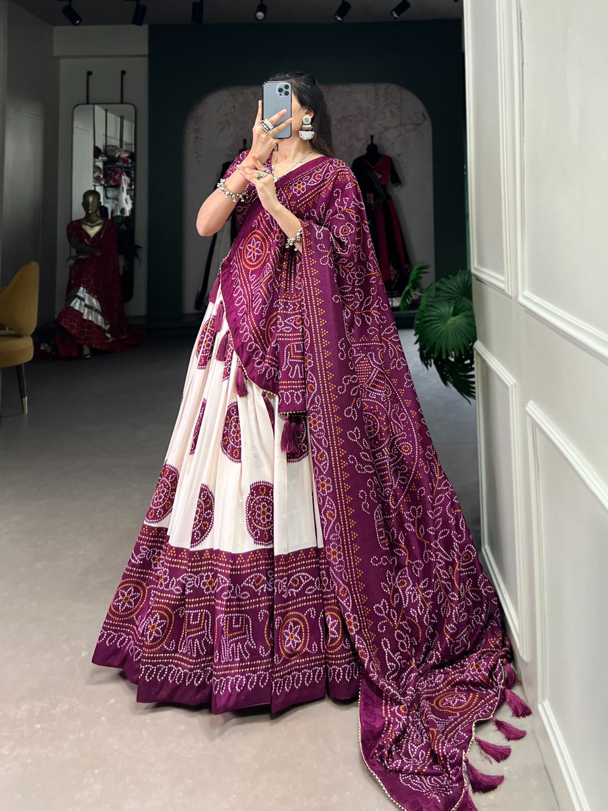 Adorable Tussar Silk Bandhej Printed Lehenga Choli Set - Ethnicwish