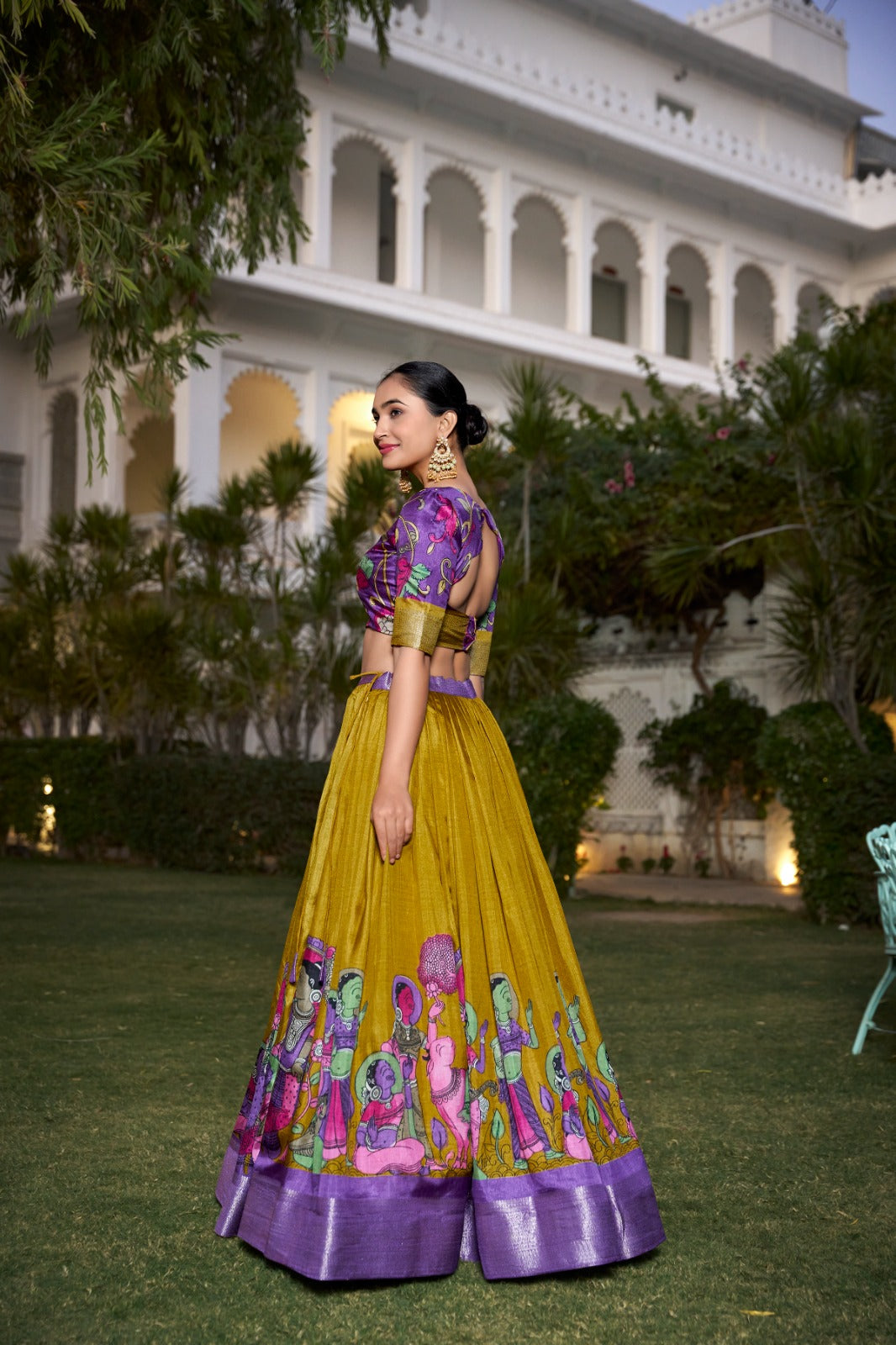 Spectacular Jacquard Silk Kalamkari Printed Lehenga Choli Set - Ethnicwish