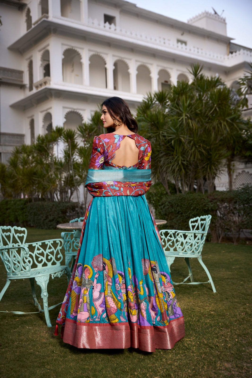 Spectacular Jacquard Silk Kalamkari Printed Lehenga Choli Set - Ethnicwish