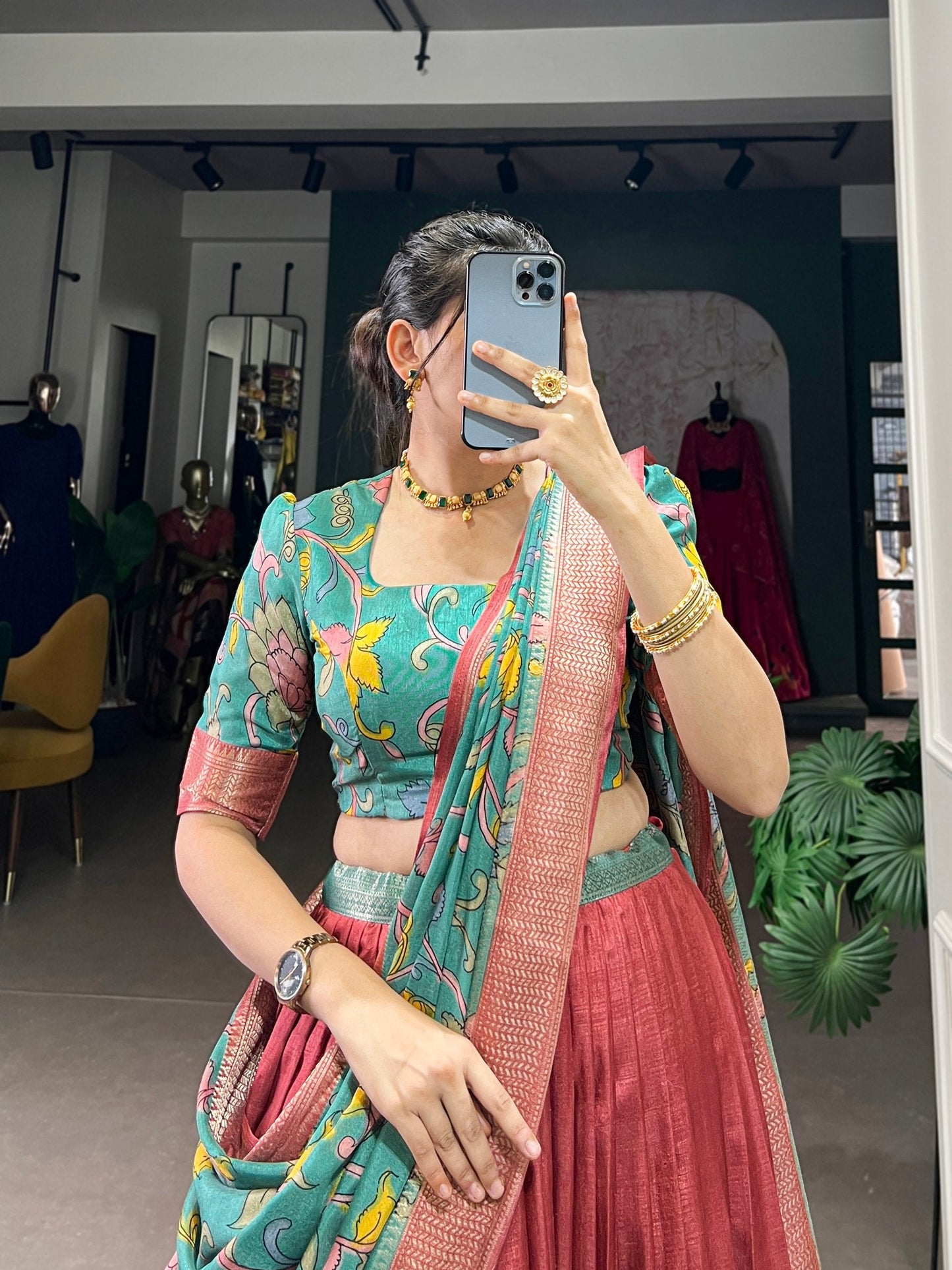 Spectacular Jacquard Silk Kalamkari Printed Lehenga Choli Set - Ethnicwish