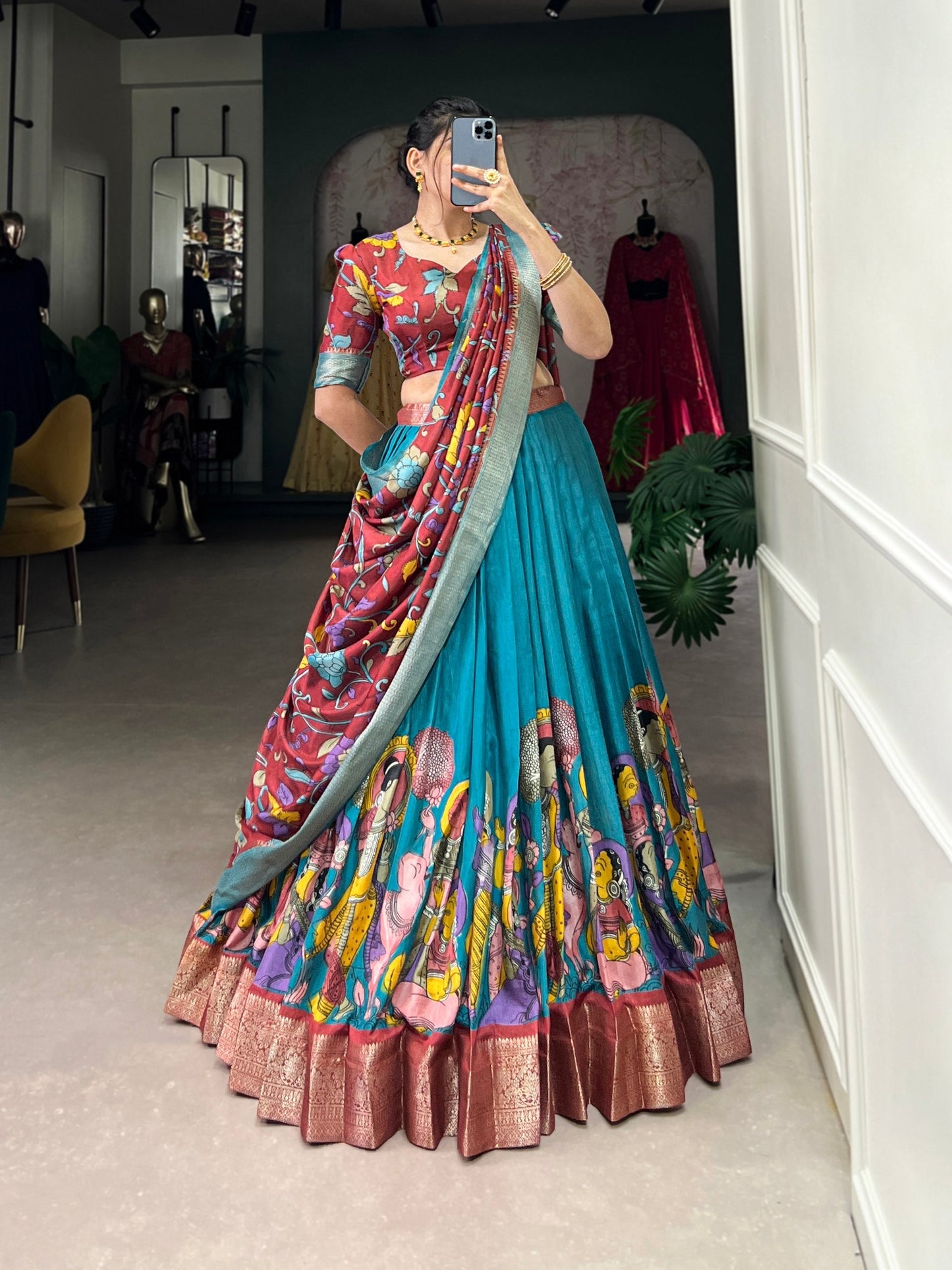 Spectacular Jacquard Silk Kalamkari Printed Lehenga Choli Set - Ethnicwish