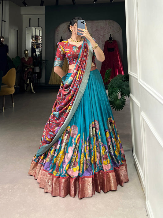 Spectacular Jacquard Silk Kalamkari Printed Lehenga Choli Set - Ethnicwish
