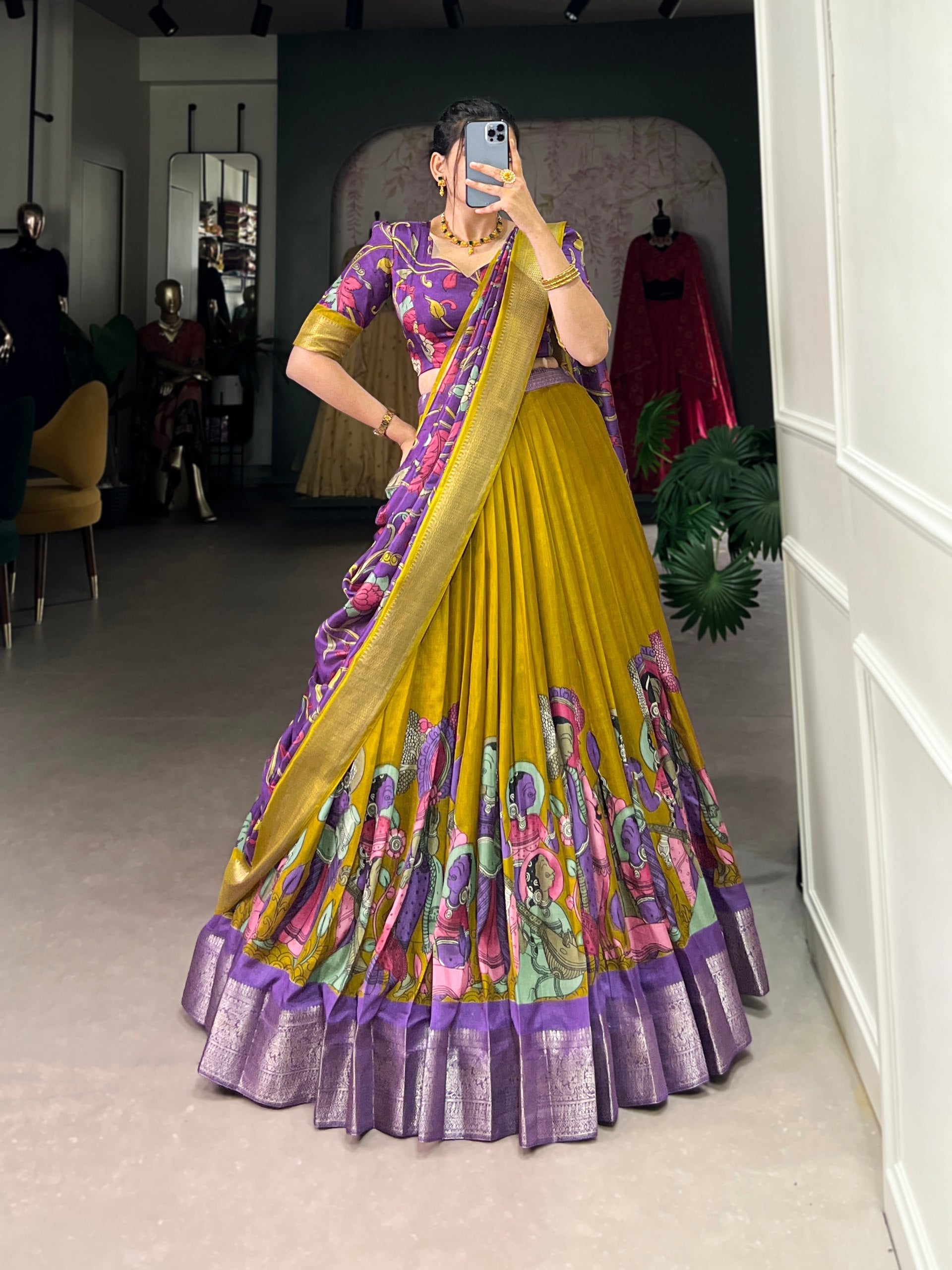 Spectacular Jacquard Silk Kalamkari Printed Lehenga Choli Set - Ethnicwish