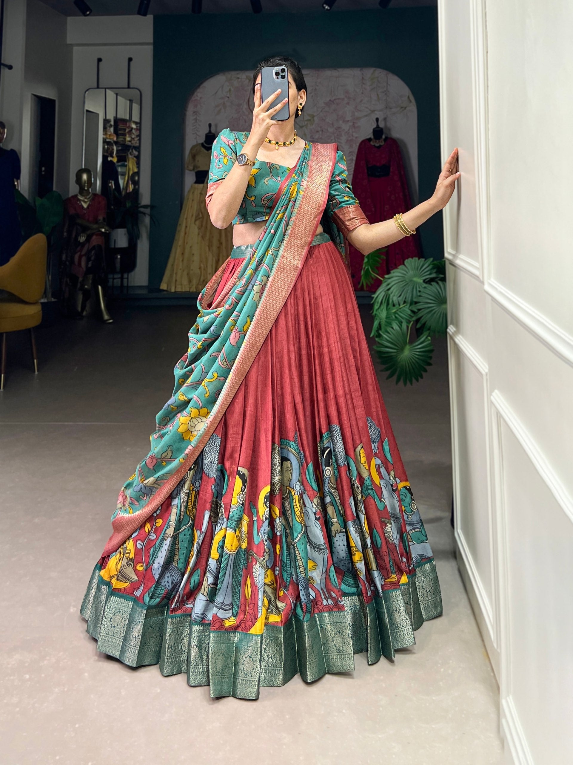 Spectacular Jacquard Silk Kalamkari Printed Lehenga Choli Set - Ethnicwish