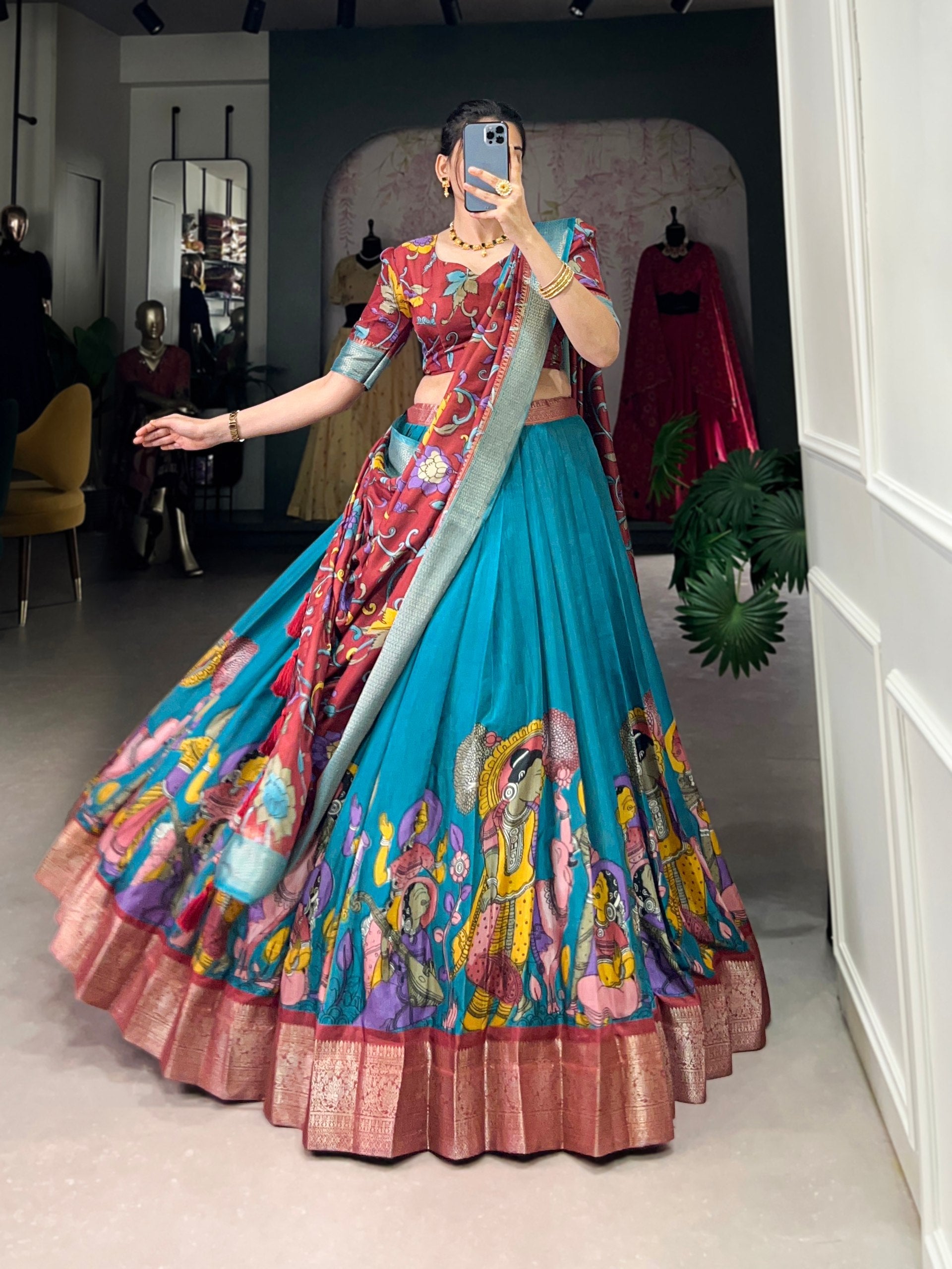 Spectacular Jacquard Silk Kalamkari Printed Lehenga Choli Set - Ethnicwish