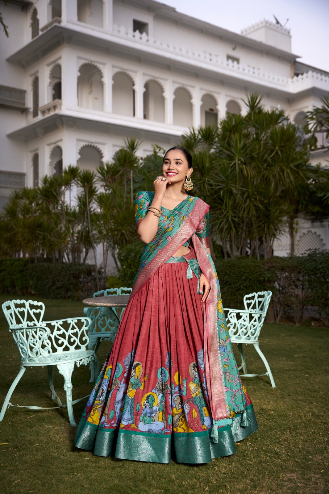Spectacular Jacquard Silk Kalamkari Printed Lehenga Choli Set - Ethnicwish