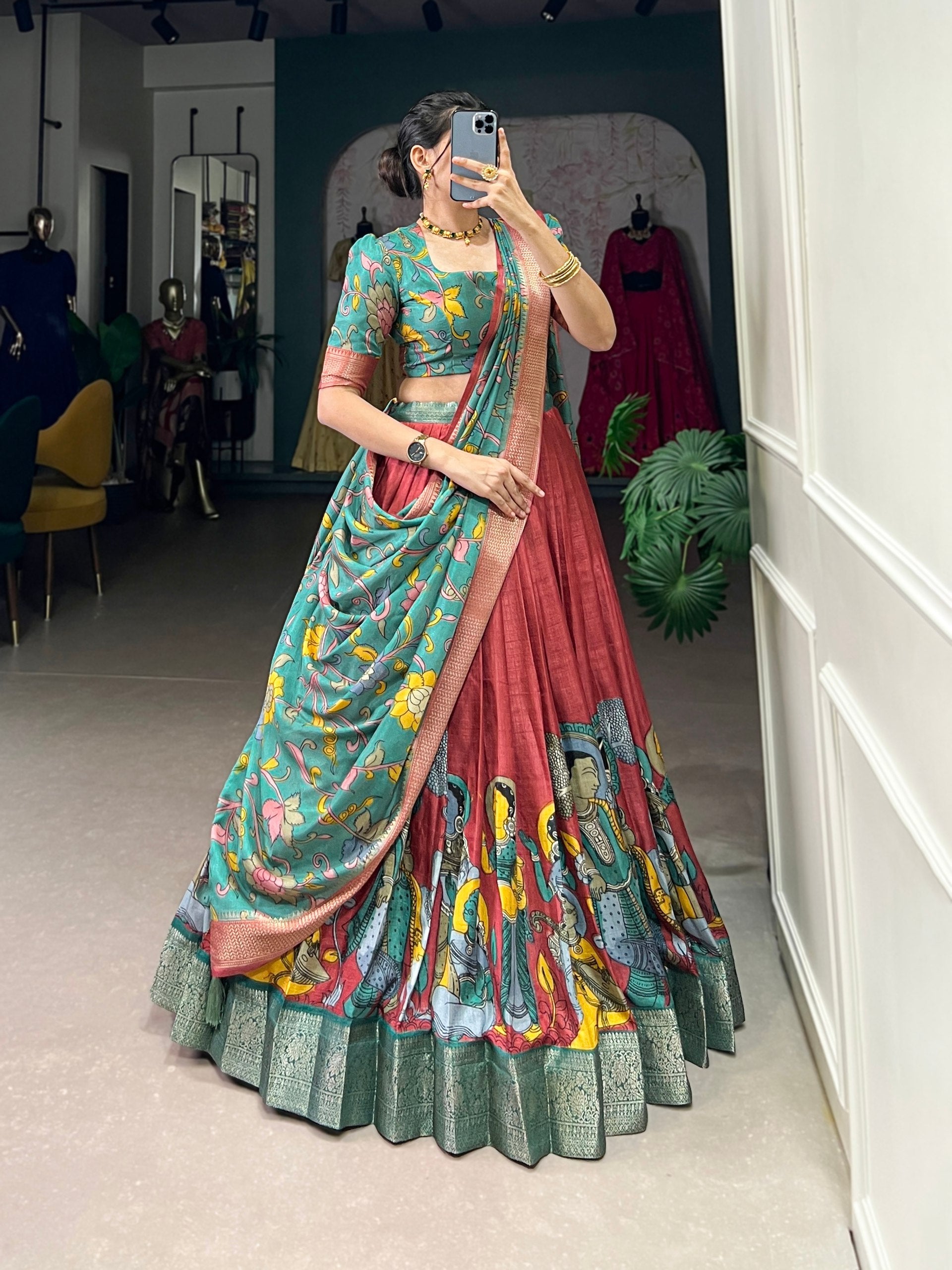 Spectacular Jacquard Silk Kalamkari Printed Lehenga Choli Set - Ethnicwish