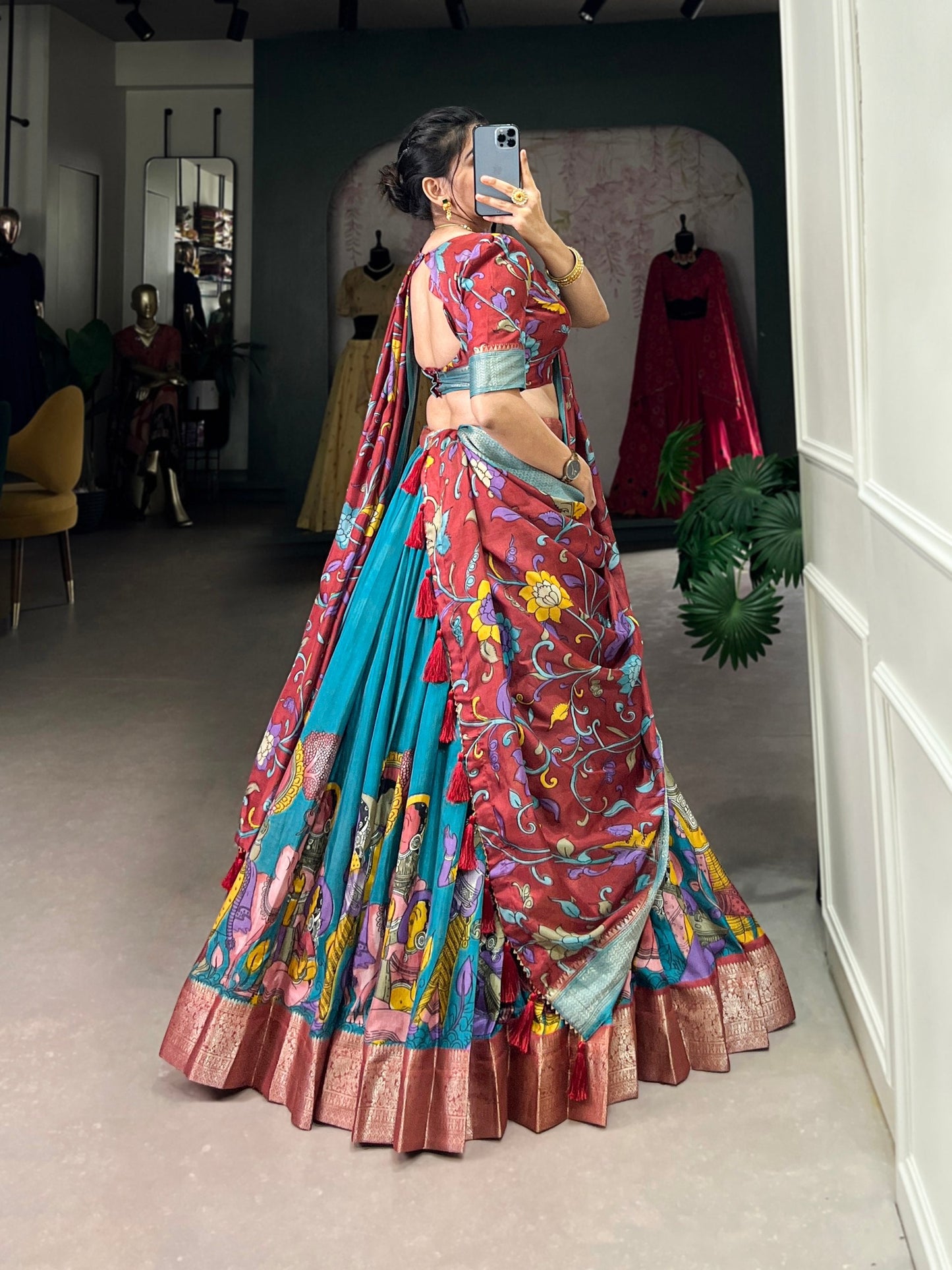 Spectacular Jacquard Silk Kalamkari Printed Lehenga Choli Set - Ethnicwish