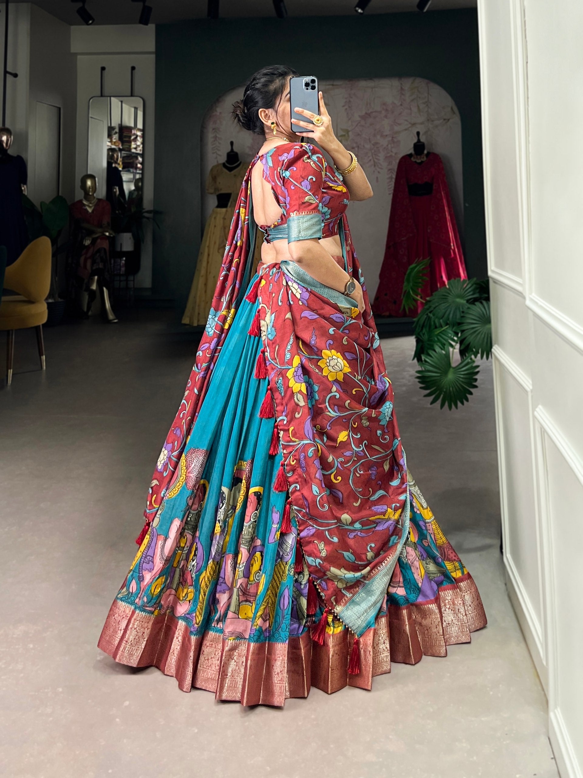 Spectacular Jacquard Silk Kalamkari Printed Lehenga Choli Set - Ethnicwish