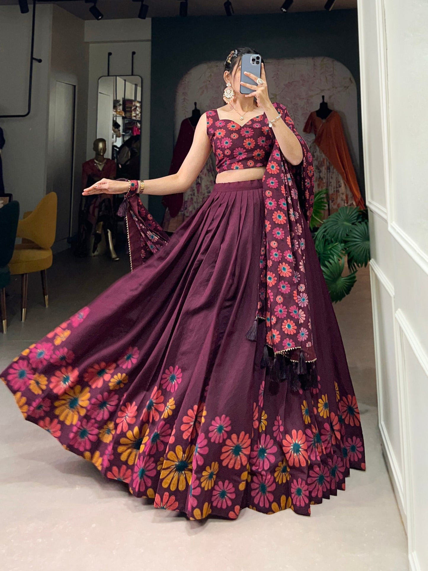 Breathtaking WineFloral Printed Foil Worked Tussar Silk Lehenga Choli - Ethnicwish