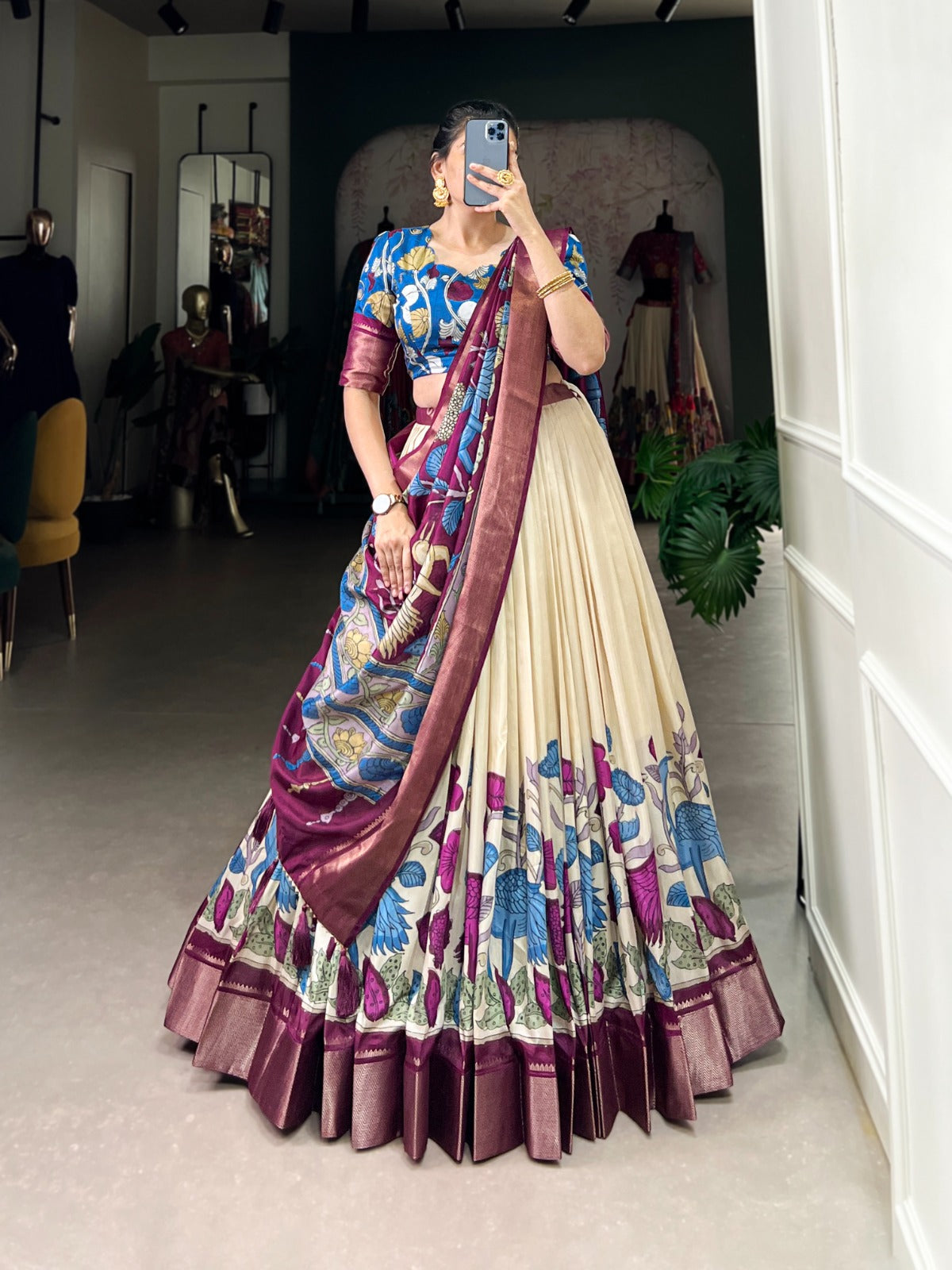Delightful Jacquard Silk Kalamkari Printed Lehenga Choli Set - Ethnicwish