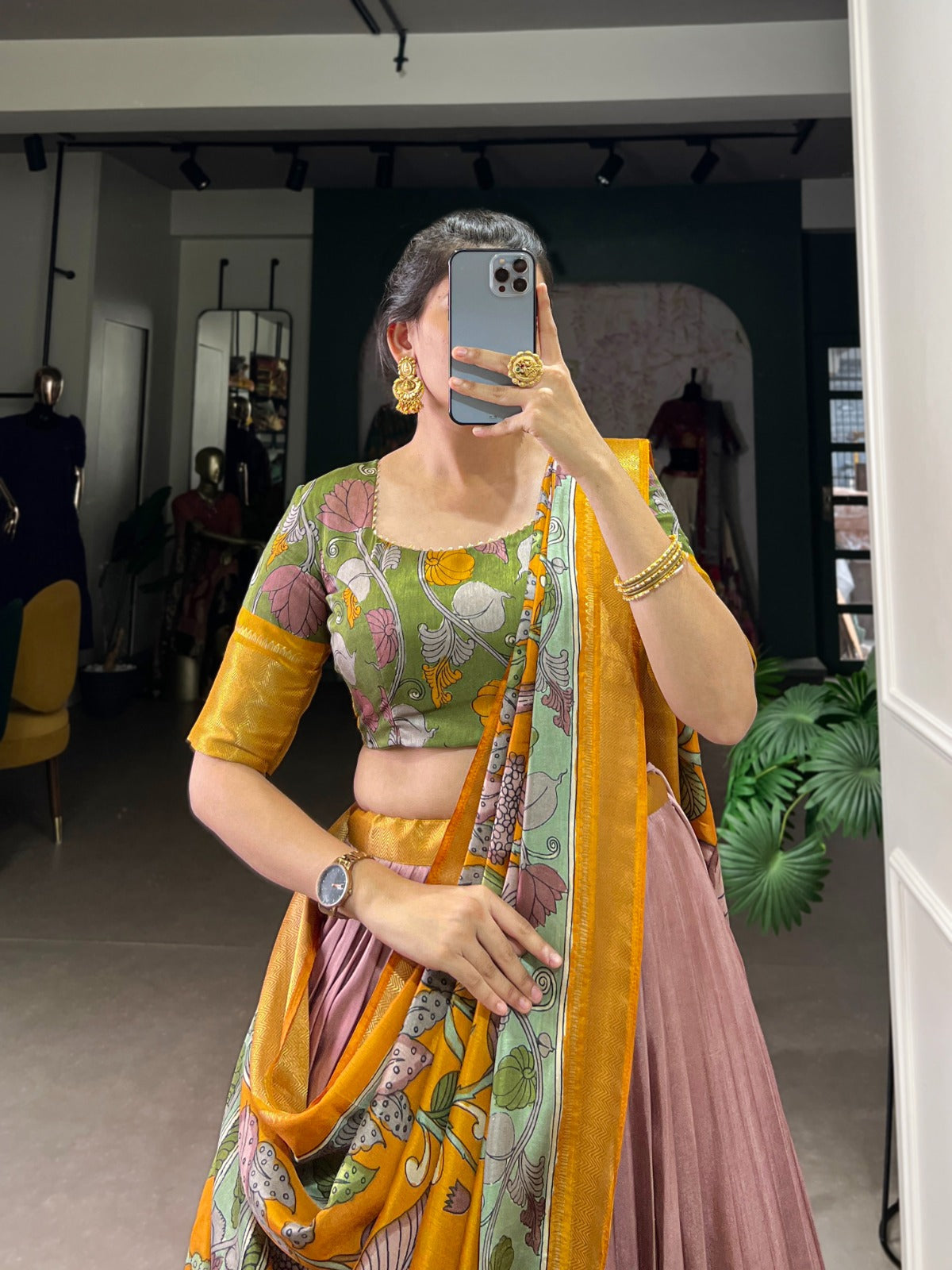 Delightful Jacquard Silk Kalamkari Printed Lehenga Choli Set - Ethnicwish