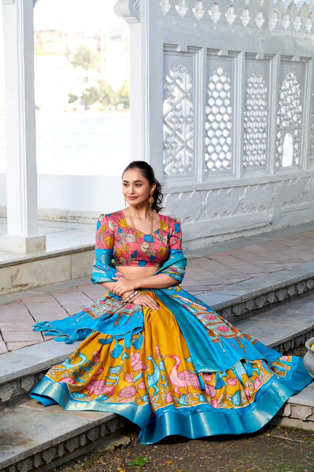Delightful Jacquard Silk Kalamkari Printed Lehenga Choli Set - Ethnicwish