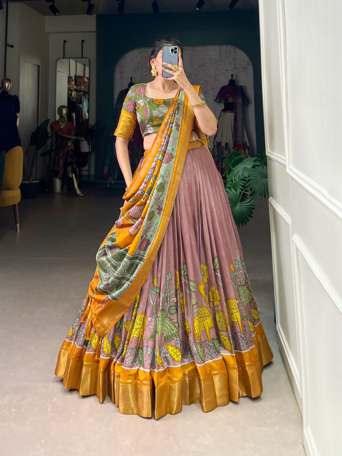Delightful Jacquard Silk Kalamkari Printed Lehenga Choli Set - Ethnicwish