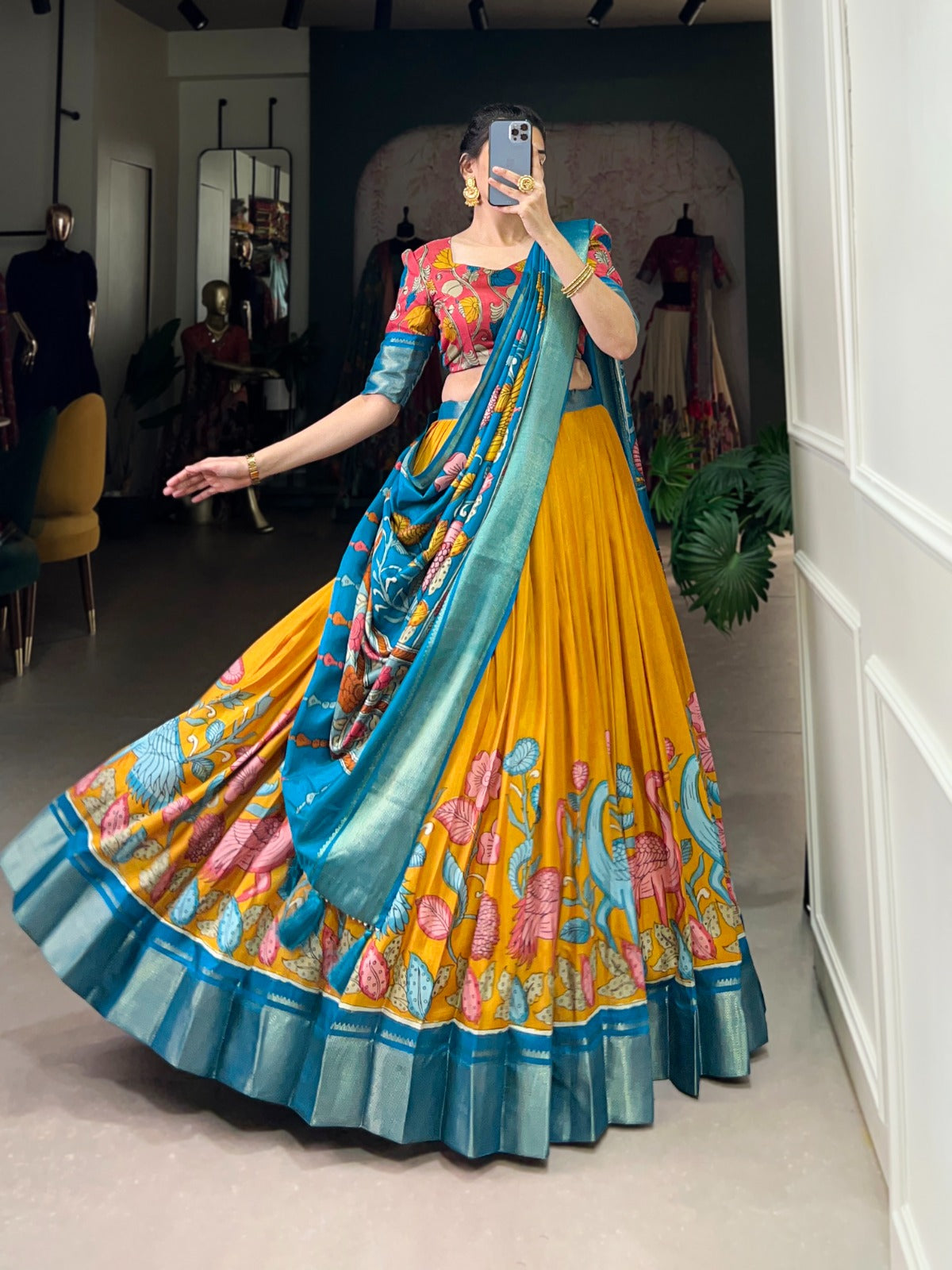 Delightful Jacquard Silk Kalamkari Printed Lehenga Choli Set - Ethnicwish