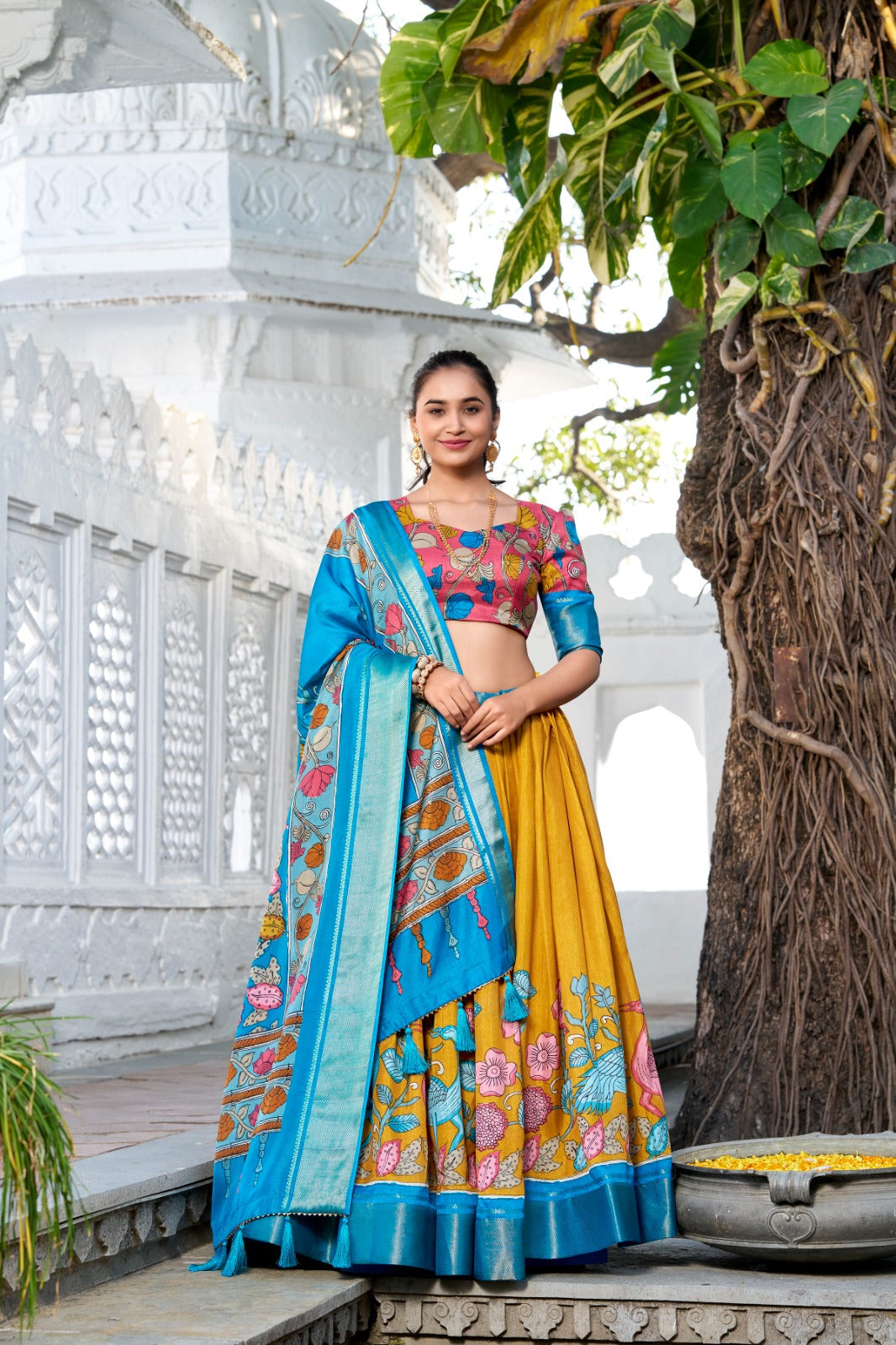 Delightful Jacquard Silk Kalamkari Printed Lehenga Choli Set - Ethnicwish
