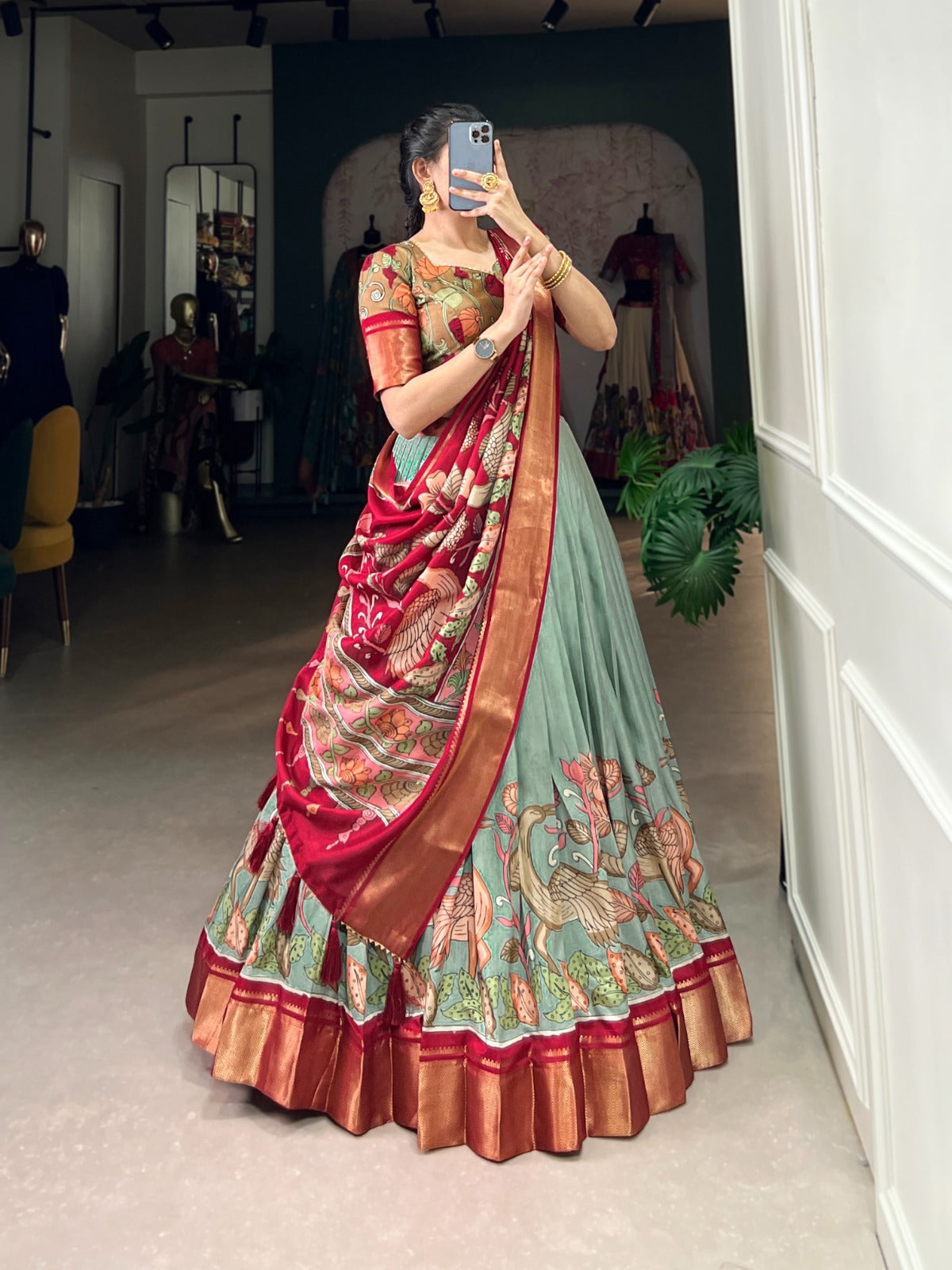 Delightful Jacquard Silk Kalamkari Printed Lehenga Choli Set - Ethnicwish