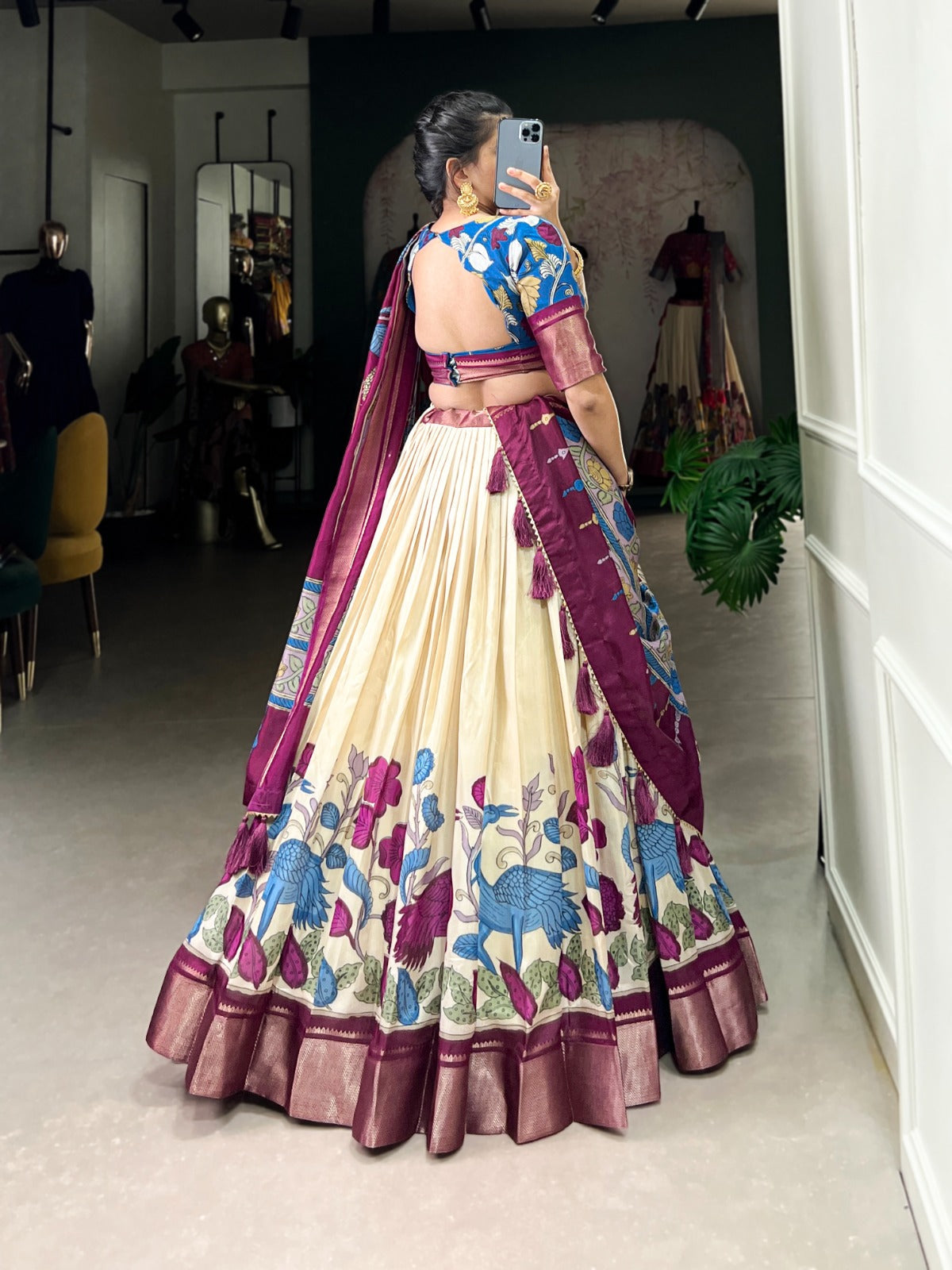 Delightful Jacquard Silk Kalamkari Printed Lehenga Choli Set - Ethnicwish