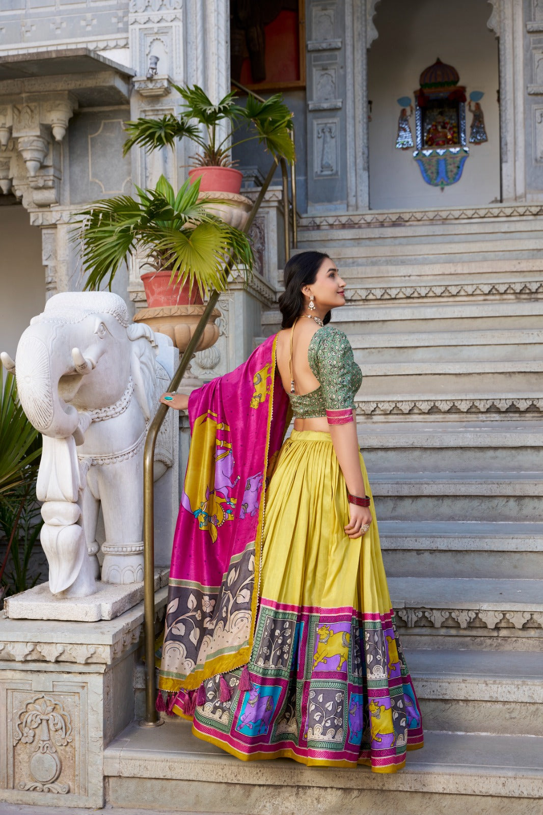Fabulous Tussar Silk Kalamkari Printed Foil Worked Lehenga Choli - Ethnicwish