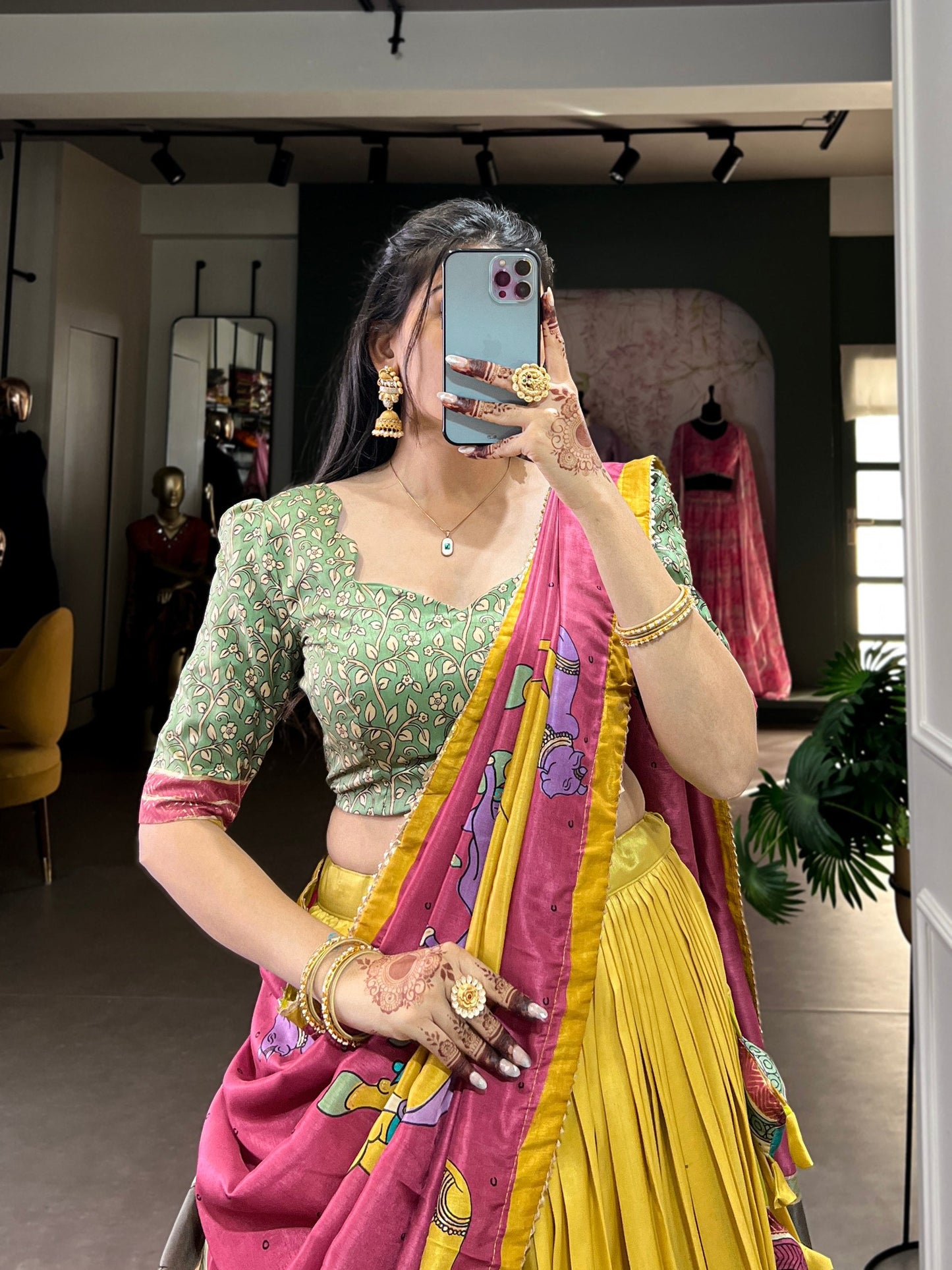 Fabulous Tussar Silk Kalamkari Printed Foil Worked Lehenga Choli - Ethnicwish