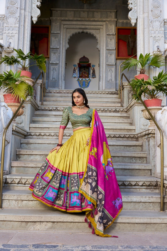 Fabulous Tussar Silk Kalamkari Printed Foil Worked Lehenga Choli - Ethnicwish