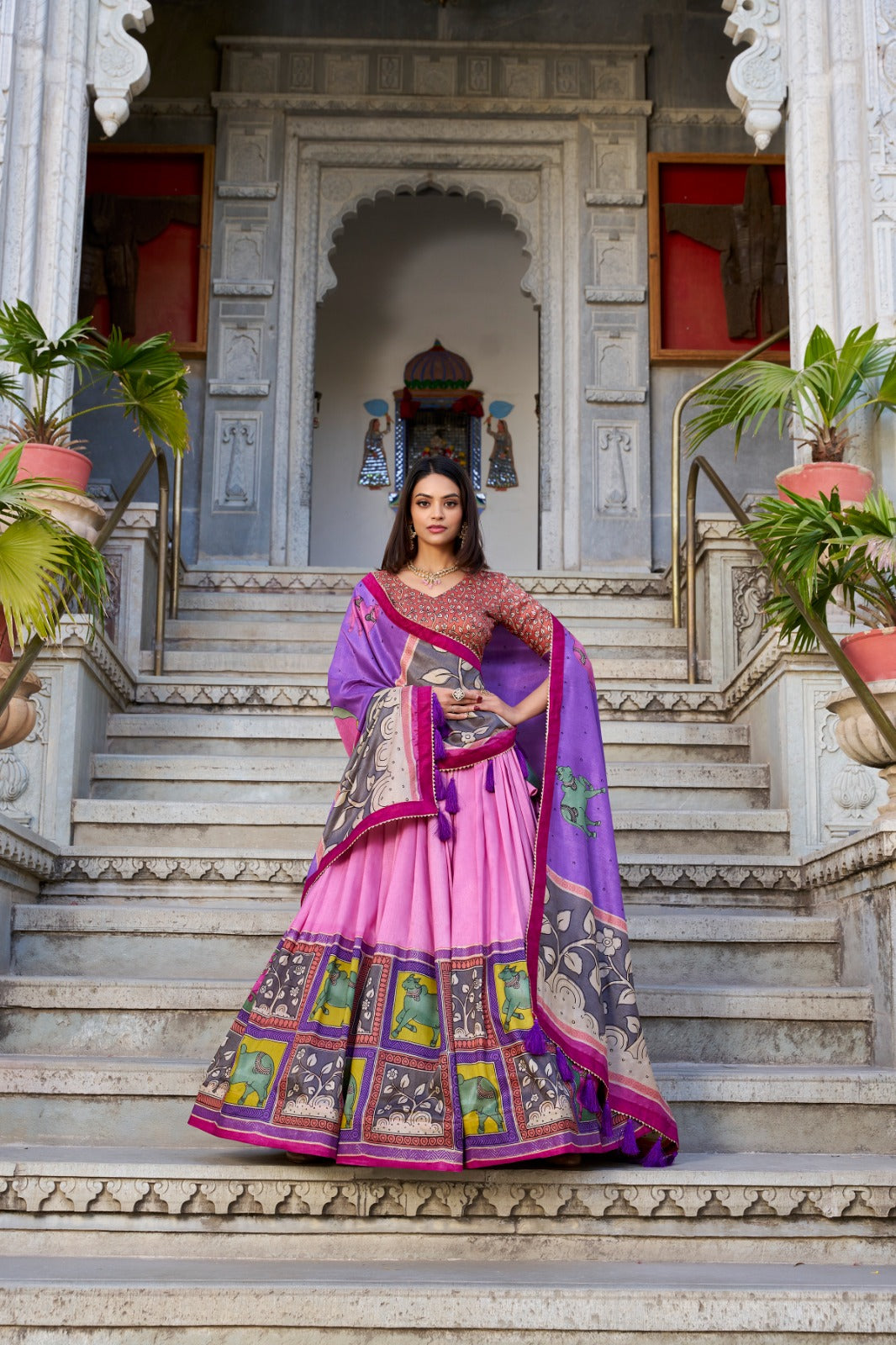 Fabulous Tussar Silk Kalamkari Printed Foil Worked Lehenga Choli - Ethnicwish