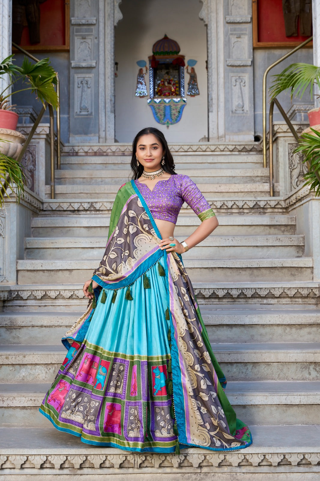 Fabulous Tussar Silk Kalamkari Printed Foil Worked Lehenga Choli - Ethnicwish