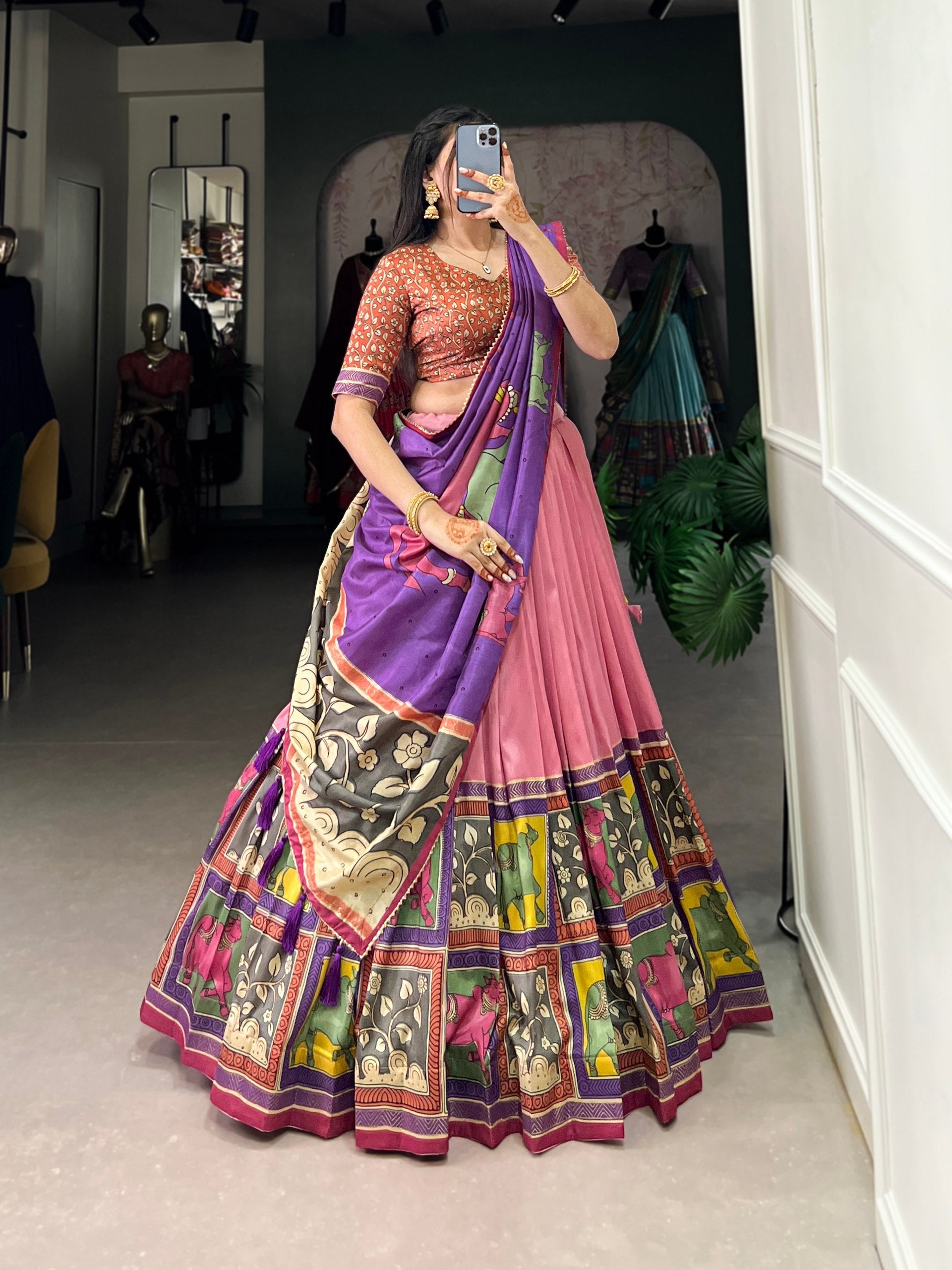 Fabulous Tussar Silk Kalamkari Printed Foil Worked Lehenga Choli - Ethnicwish