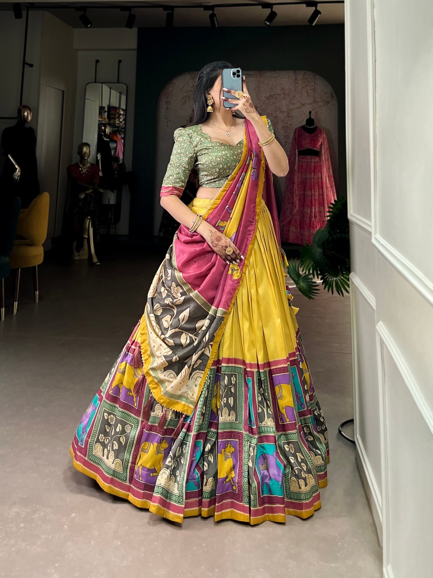 Fabulous Tussar Silk Kalamkari Printed Foil Worked Lehenga Choli - Ethnicwish