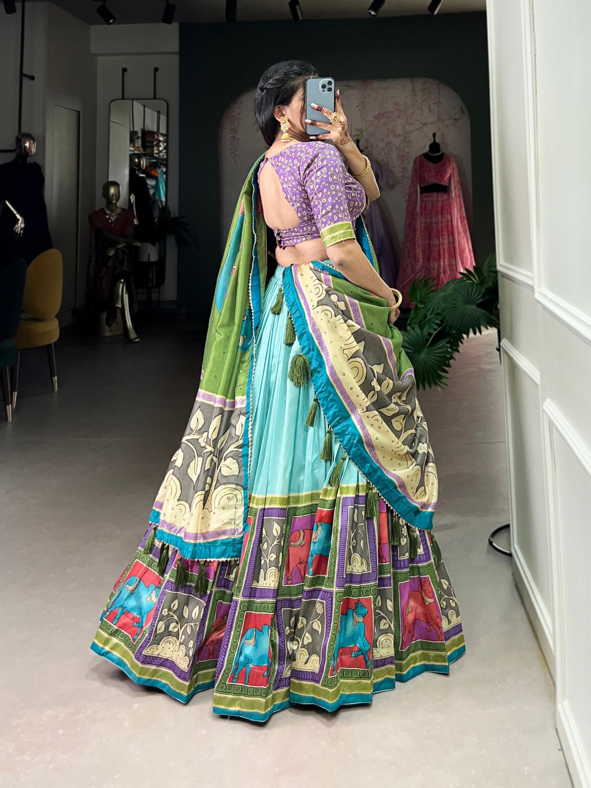 Fabulous Tussar Silk Kalamkari Printed Foil Worked Lehenga Choli - Ethnicwish