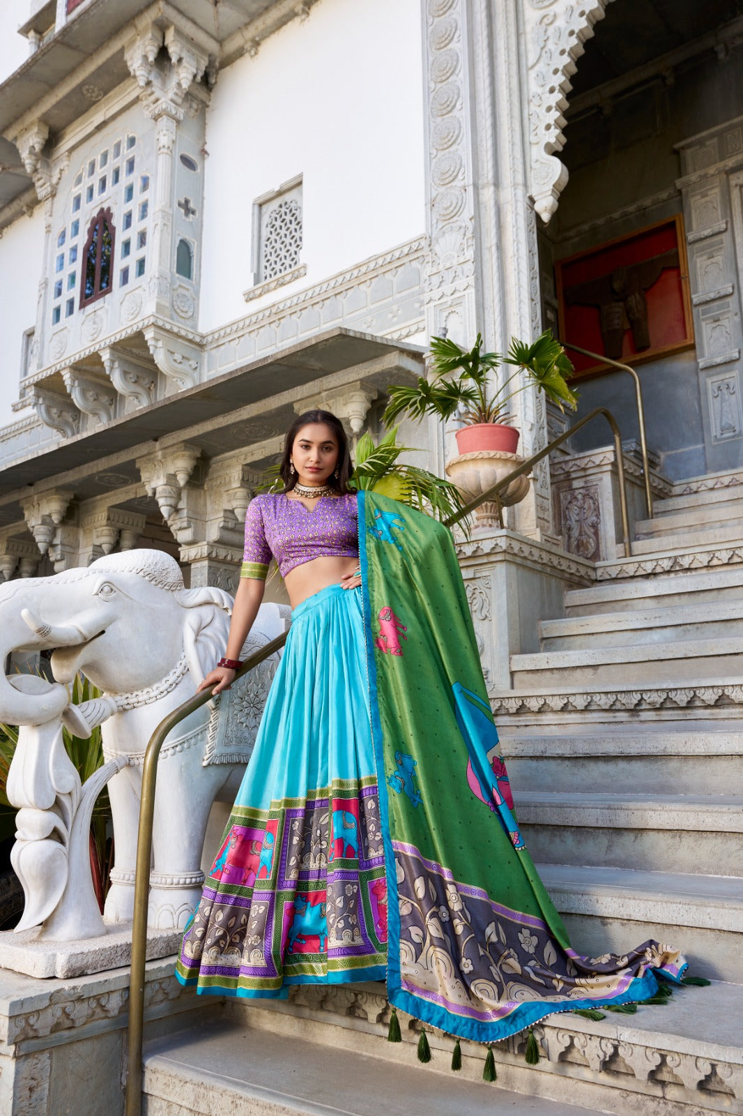 Fabulous Tussar Silk Kalamkari Printed Foil Worked Lehenga Choli - Ethnicwish