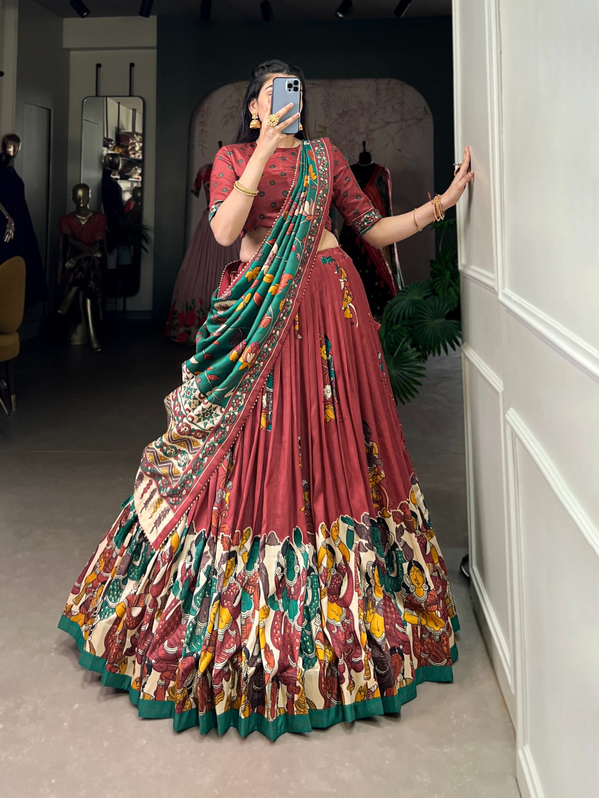 Exquisite Tussar Silk Kalamkari Printed Foil Worked Lehenga Choli
