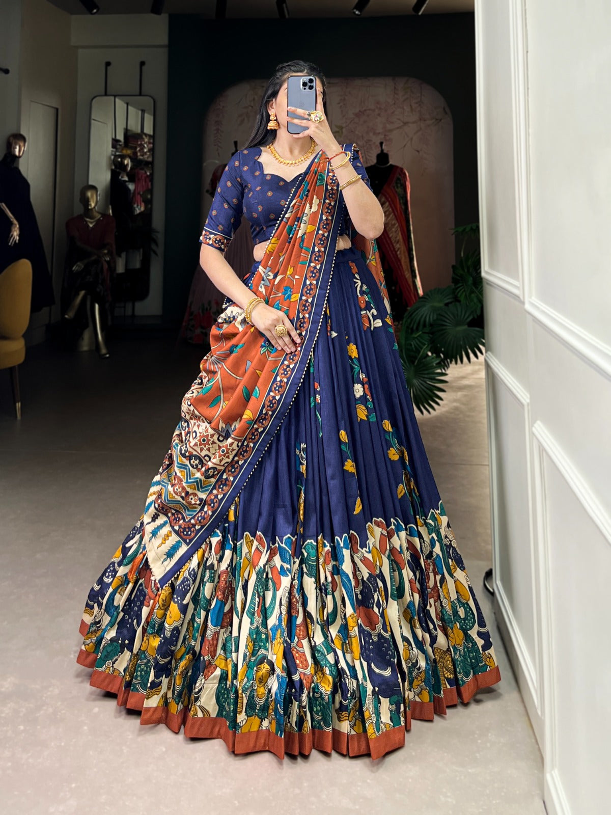 Exquisite Tussar Silk Kalamkari Printed Foil Worked Lehenga Choli