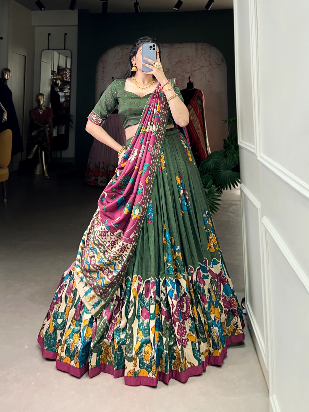 Exquisite Tussar Silk Kalamkari Printed Foil Worked Lehenga Choli