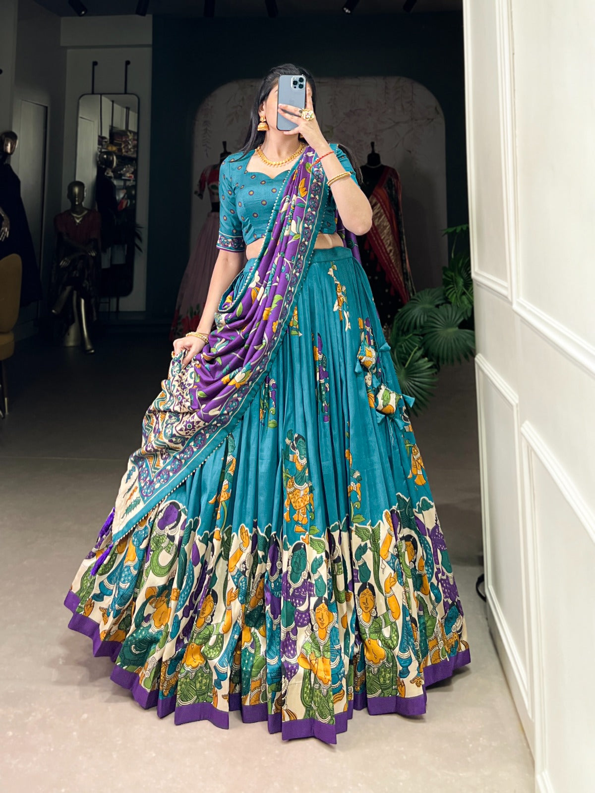 Exquisite Tussar Silk Kalamkari Printed Foil Worked Lehenga Choli