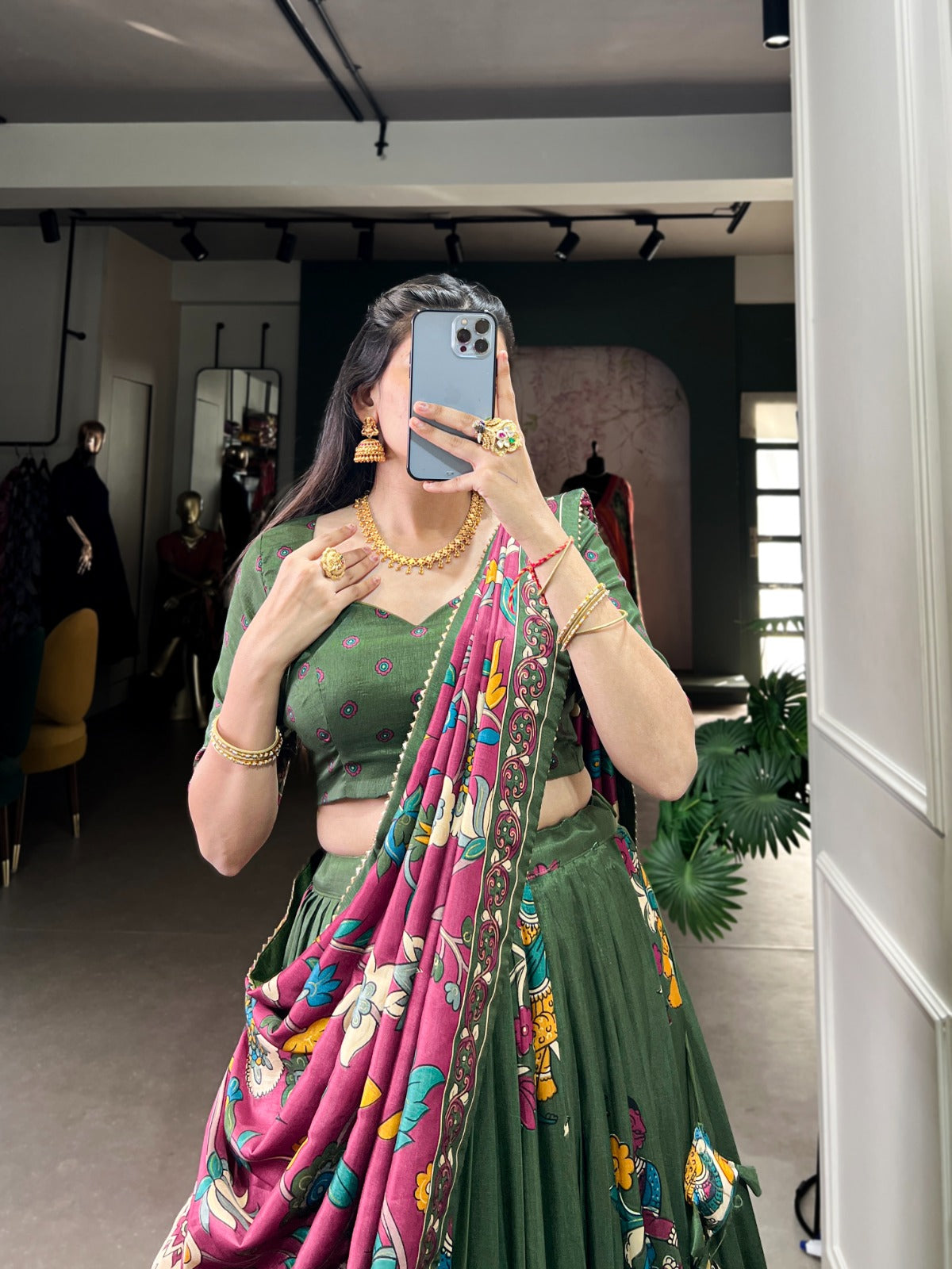 Exquisite Tussar Silk Kalamkari Printed Foil Worked Lehenga Choli
