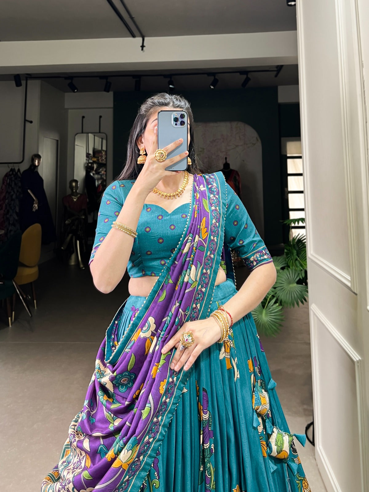 Exquisite Tussar Silk Kalamkari Printed Foil Worked Lehenga Choli