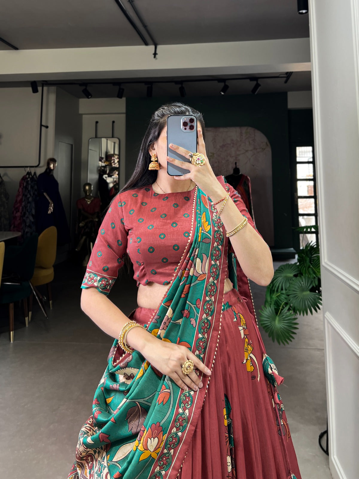 Exquisite Tussar Silk Kalamkari Printed Foil Worked Lehenga Choli