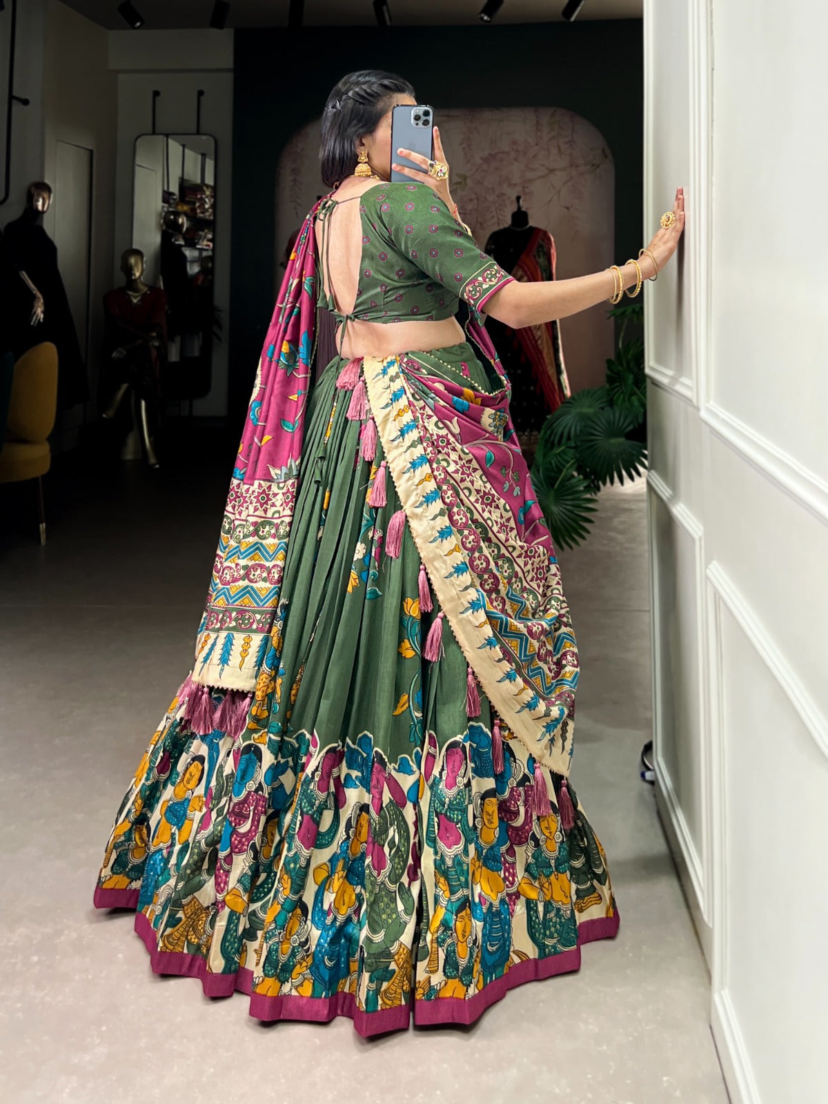 Exquisite Tussar Silk Kalamkari Printed Foil Worked Lehenga Choli