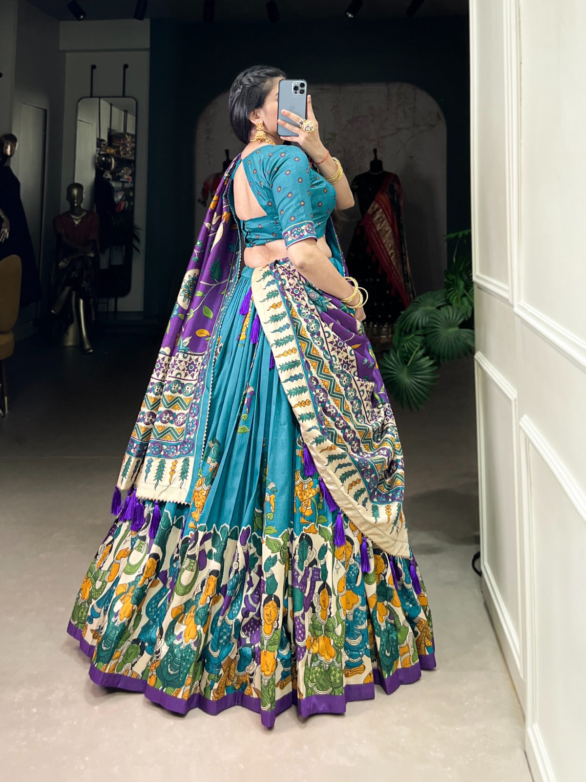 Exquisite Tussar Silk Kalamkari Printed Foil Worked Lehenga Choli