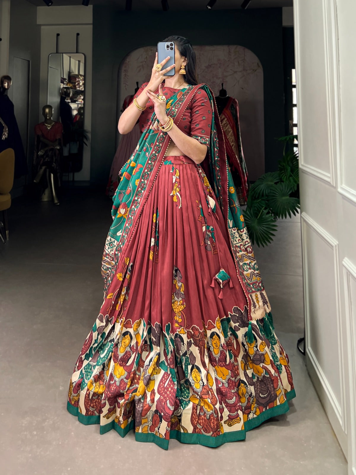 Exquisite Tussar Silk Kalamkari Printed Foil Worked Lehenga Choli