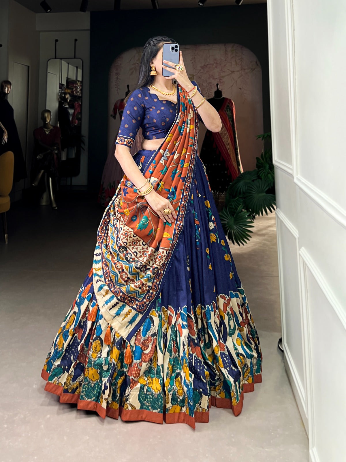 Exquisite Tussar Silk Kalamkari Printed Foil Worked Lehenga Choli