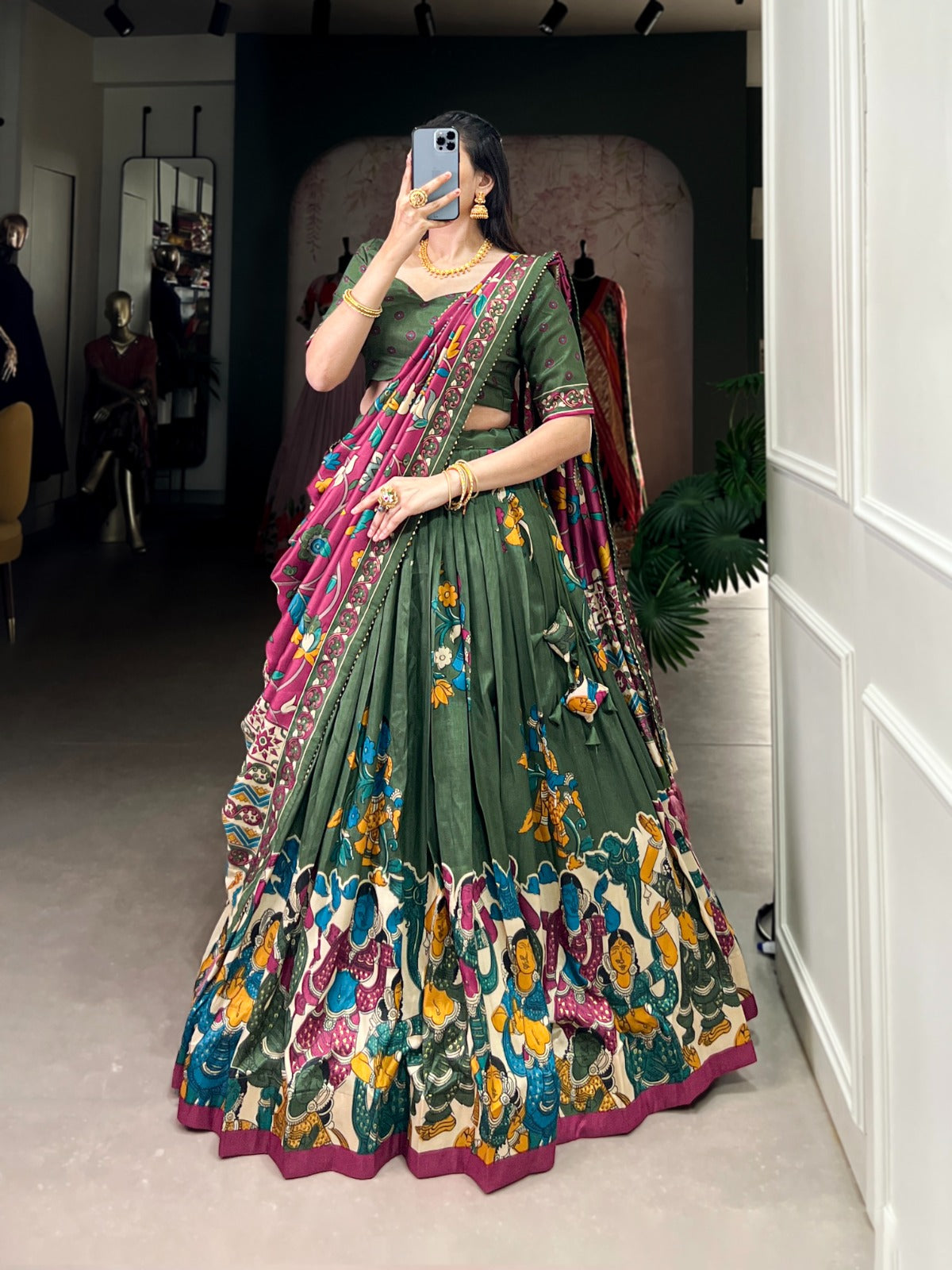 Exquisite Tussar Silk Kalamkari Printed Foil Worked Lehenga Choli