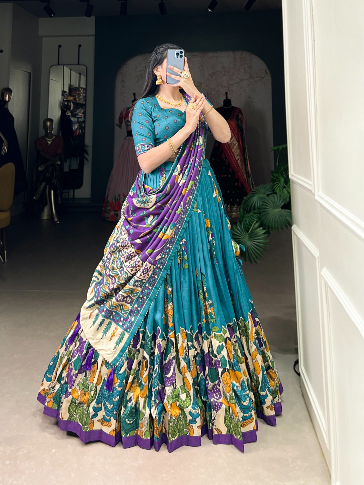 Exquisite Tussar Silk Kalamkari Printed Foil Worked Lehenga Choli