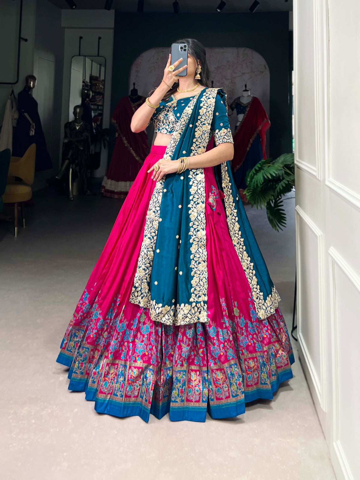 Exquisite Tussar Silk Printed Foil Worked Lehenga Choli