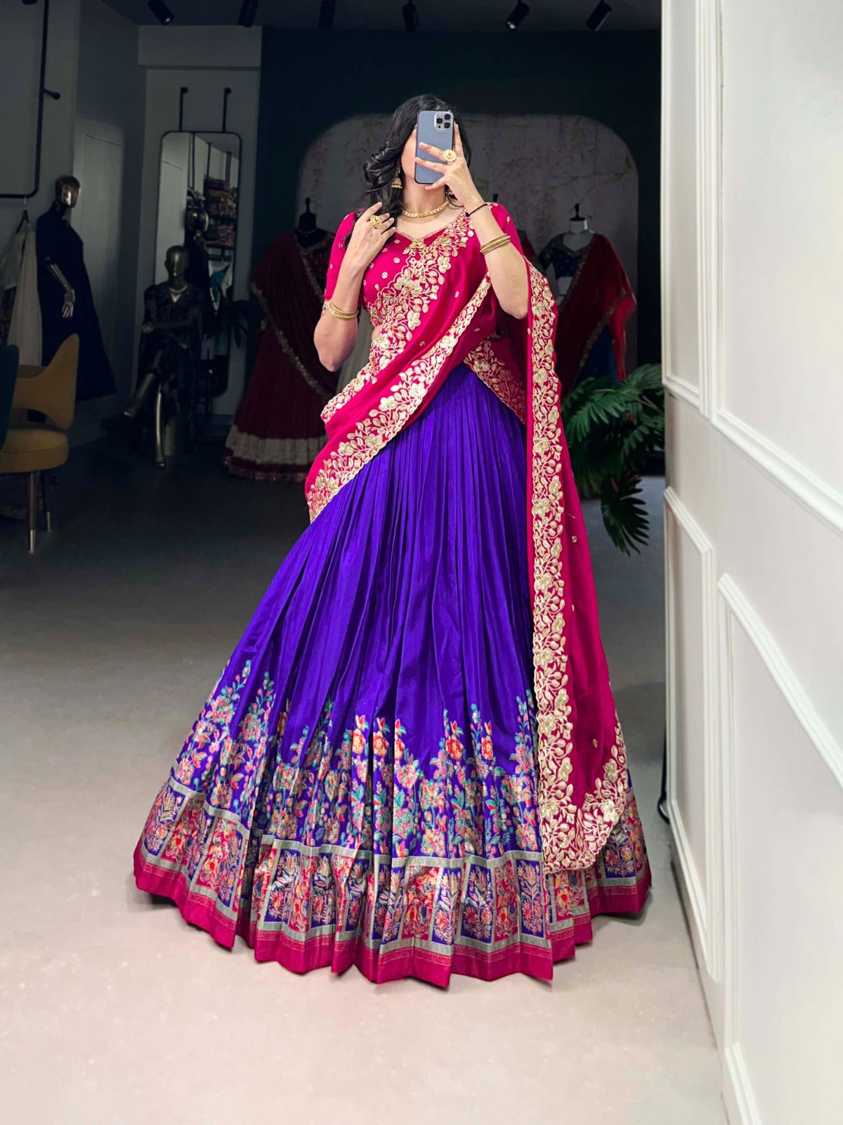 Exquisite Tussar Silk Printed Foil Worked Lehenga Choli